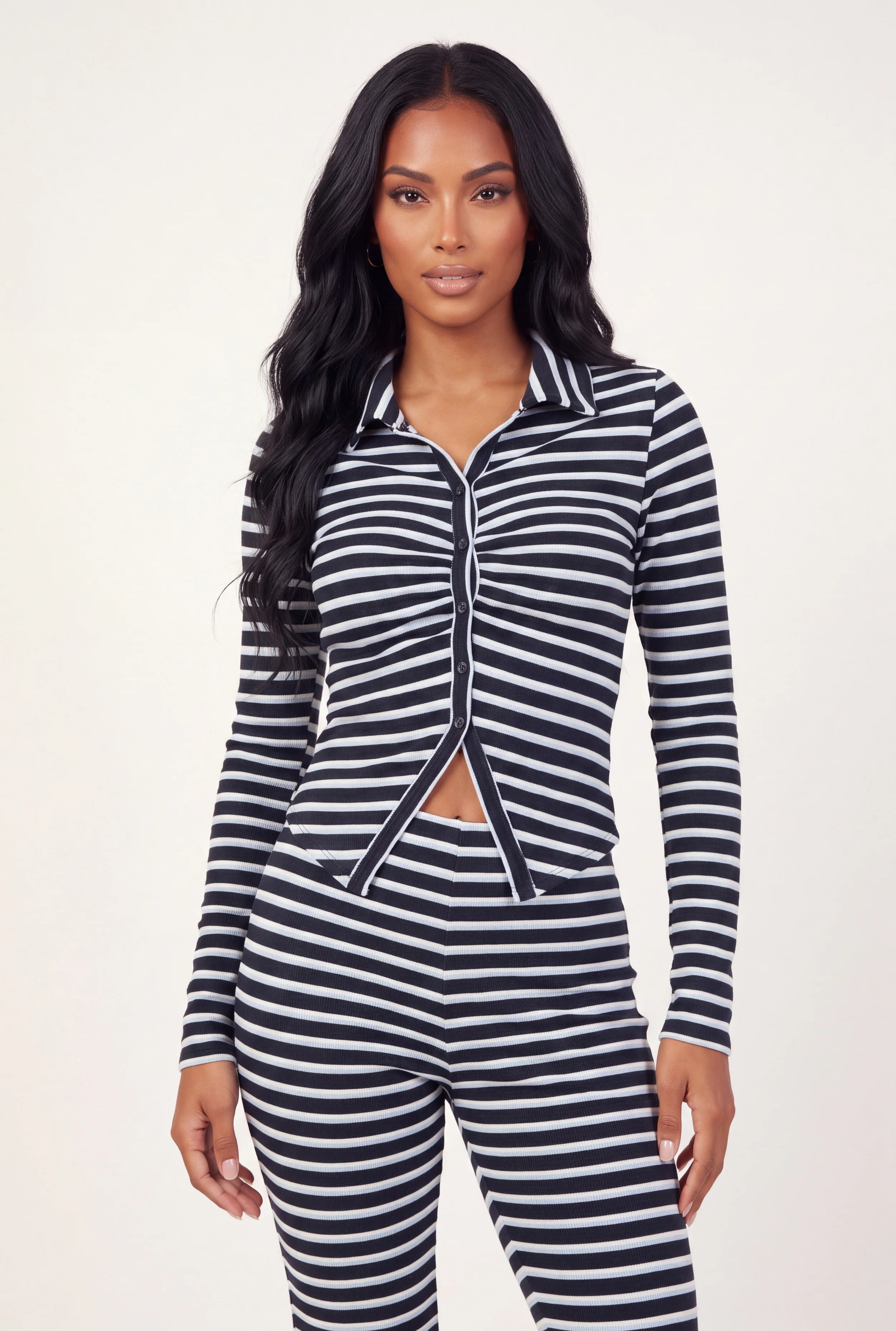 Striped Slit Hem Button Front Shirt