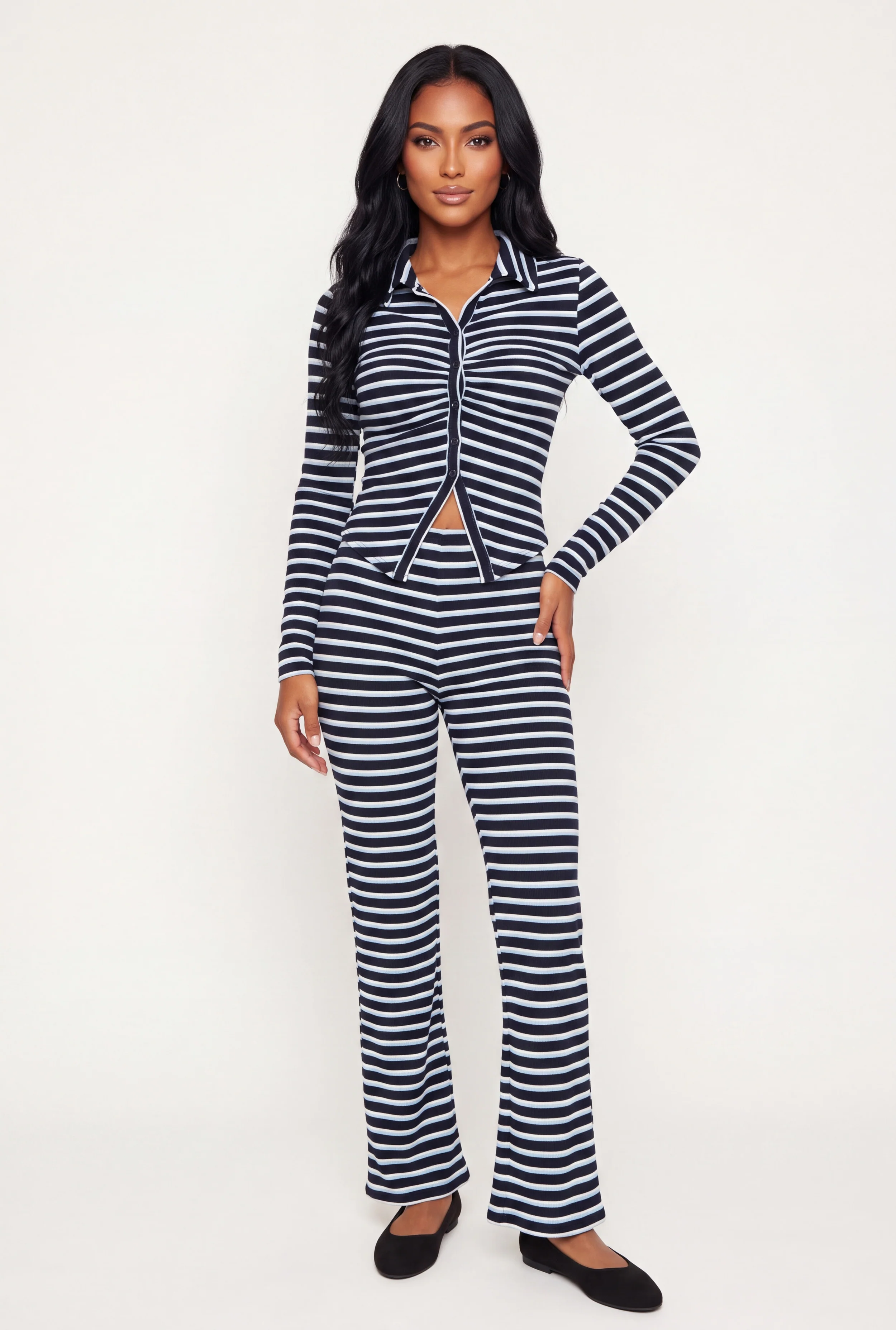 Textured Knit Striped High Waisted Boot Cut Pants