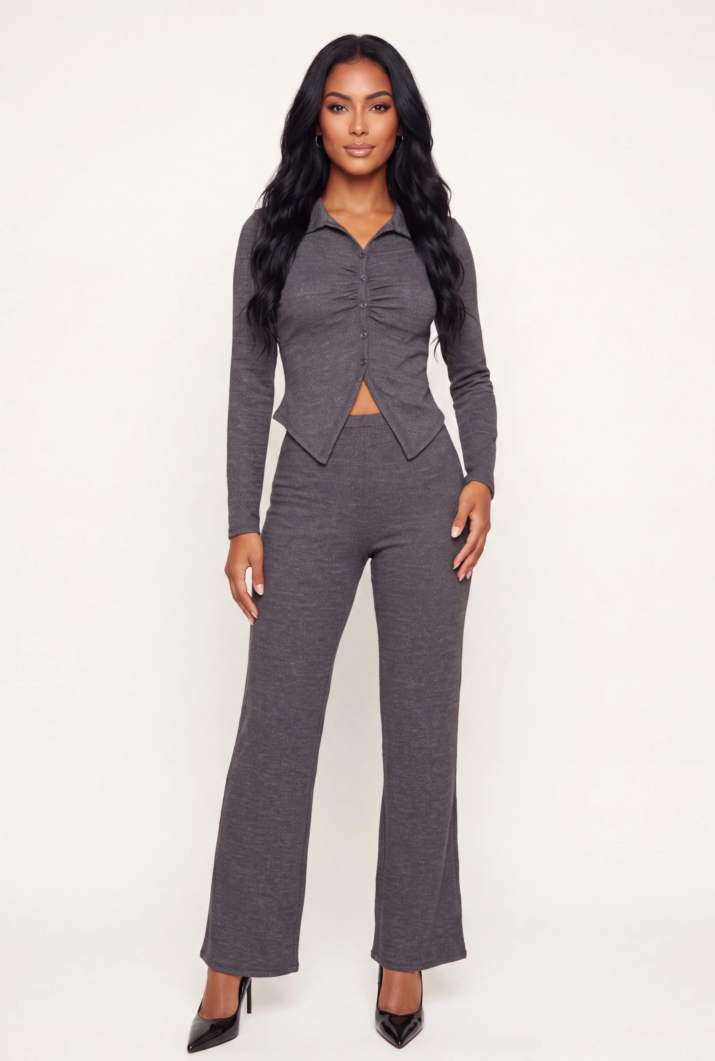 Brushed Knit Pull On High Waisted Pants