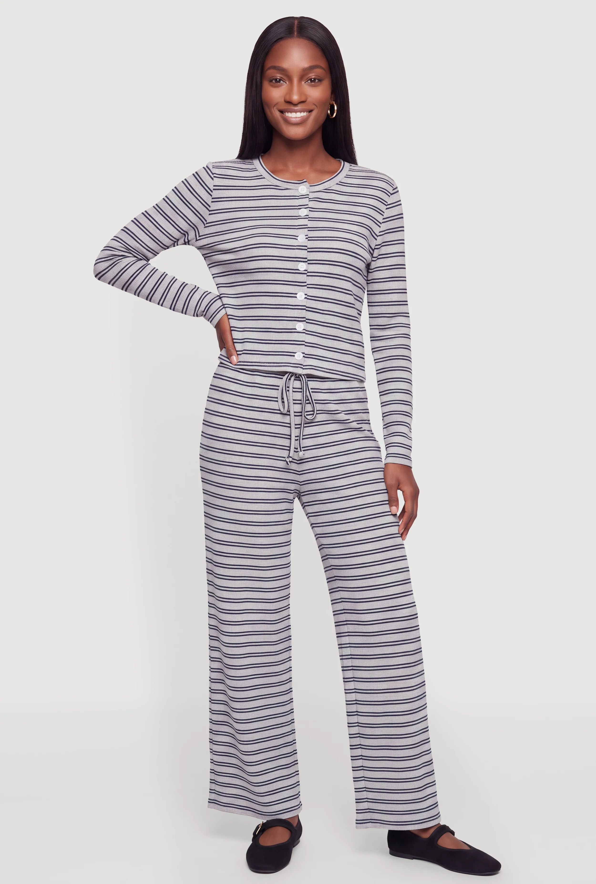 Striped Knit Drawstring Wide Leg Pants