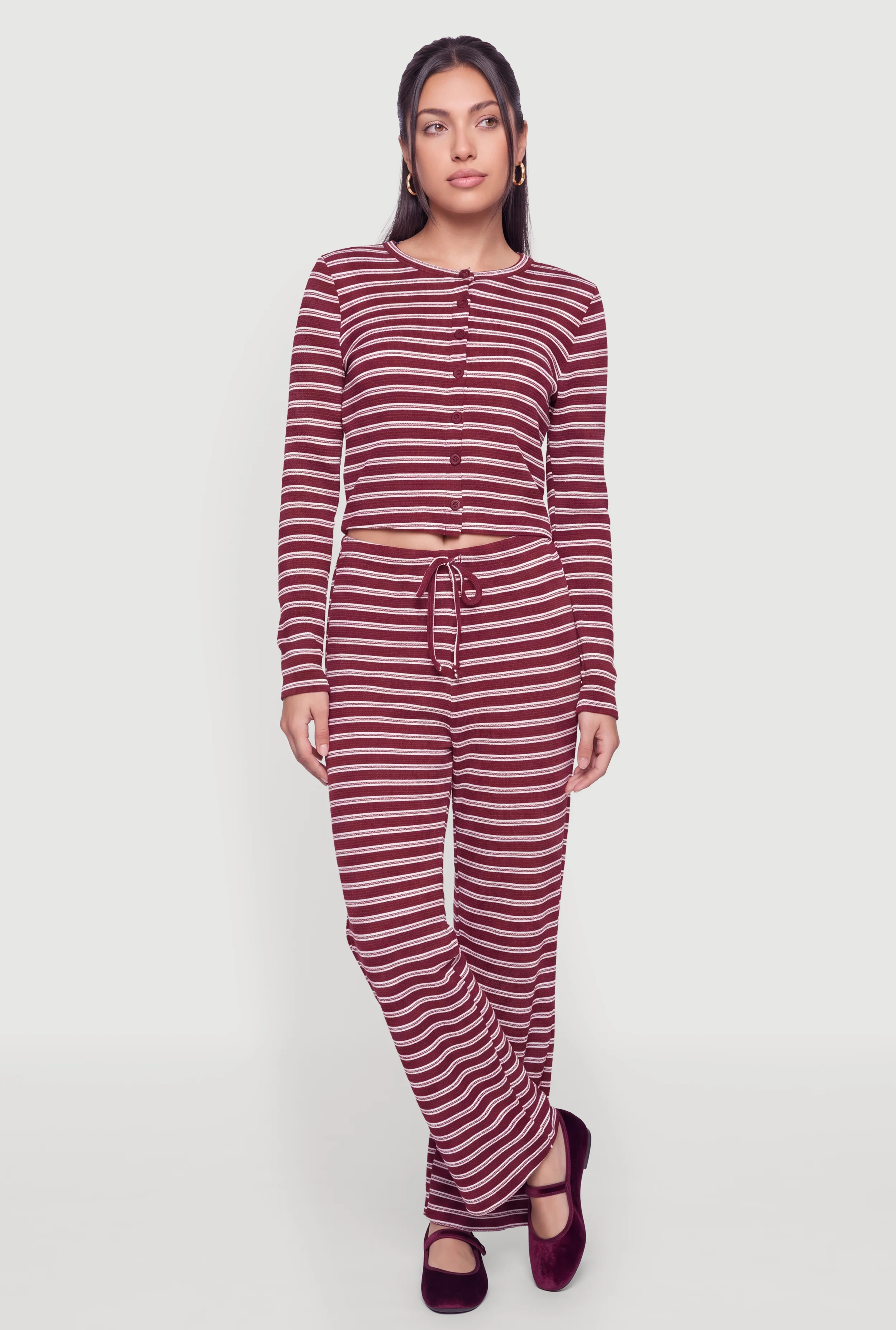 Striped Knit Drawstring Wide Leg Pants