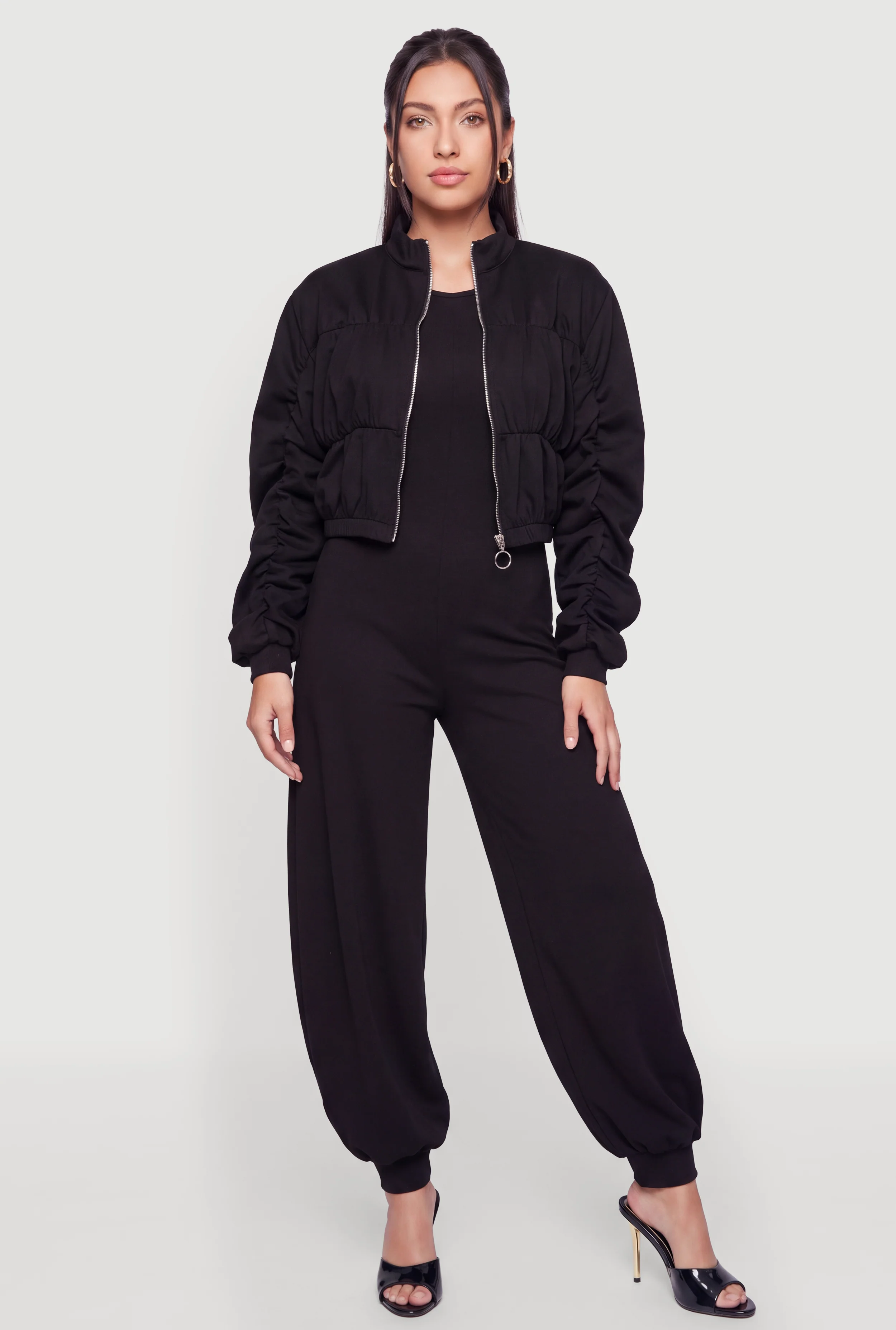 O Ring Metallic Zip Front Side Ruched Bomber Jacket