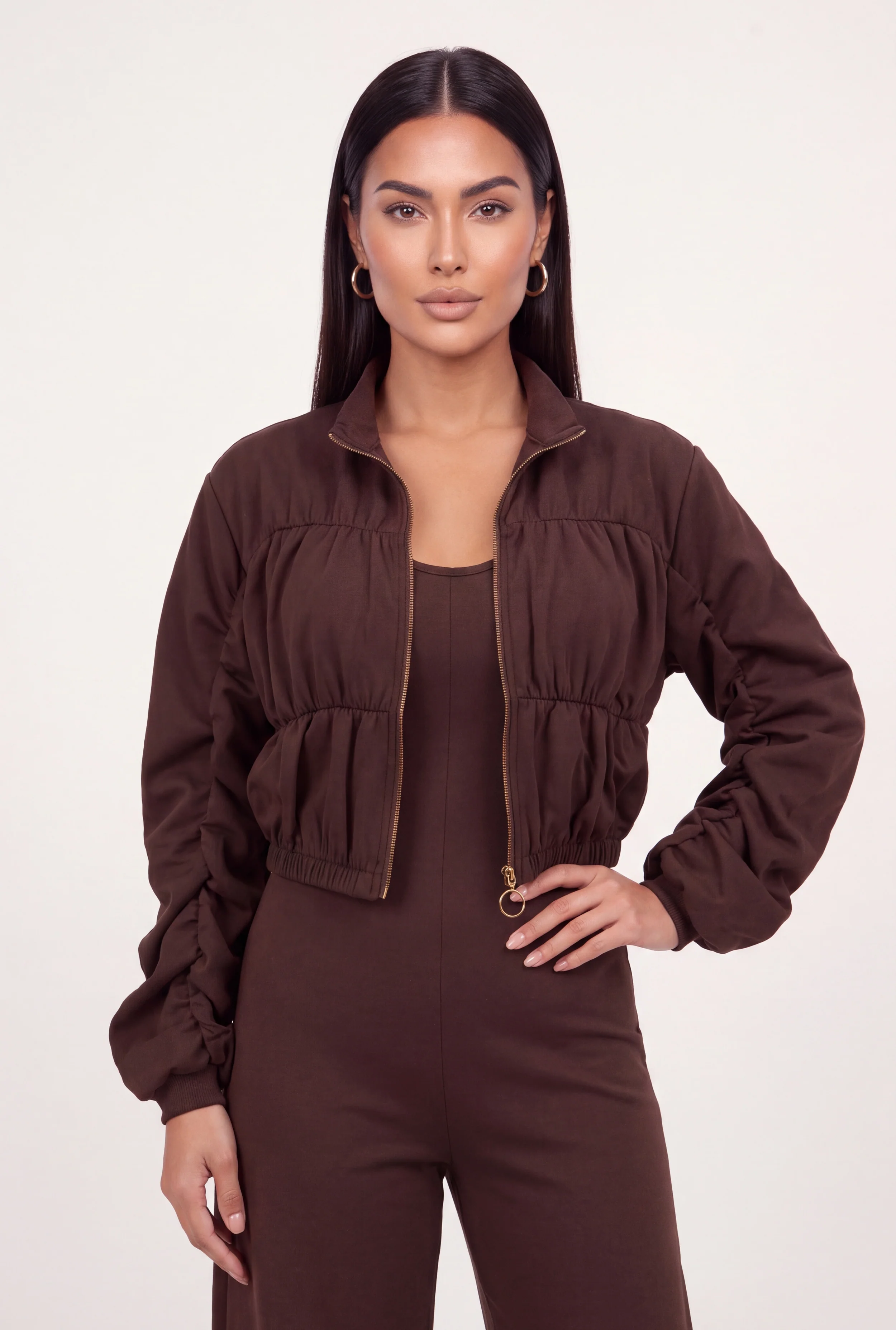 O Ring Metallic Zip Front Side Ruched Bomber Jacket