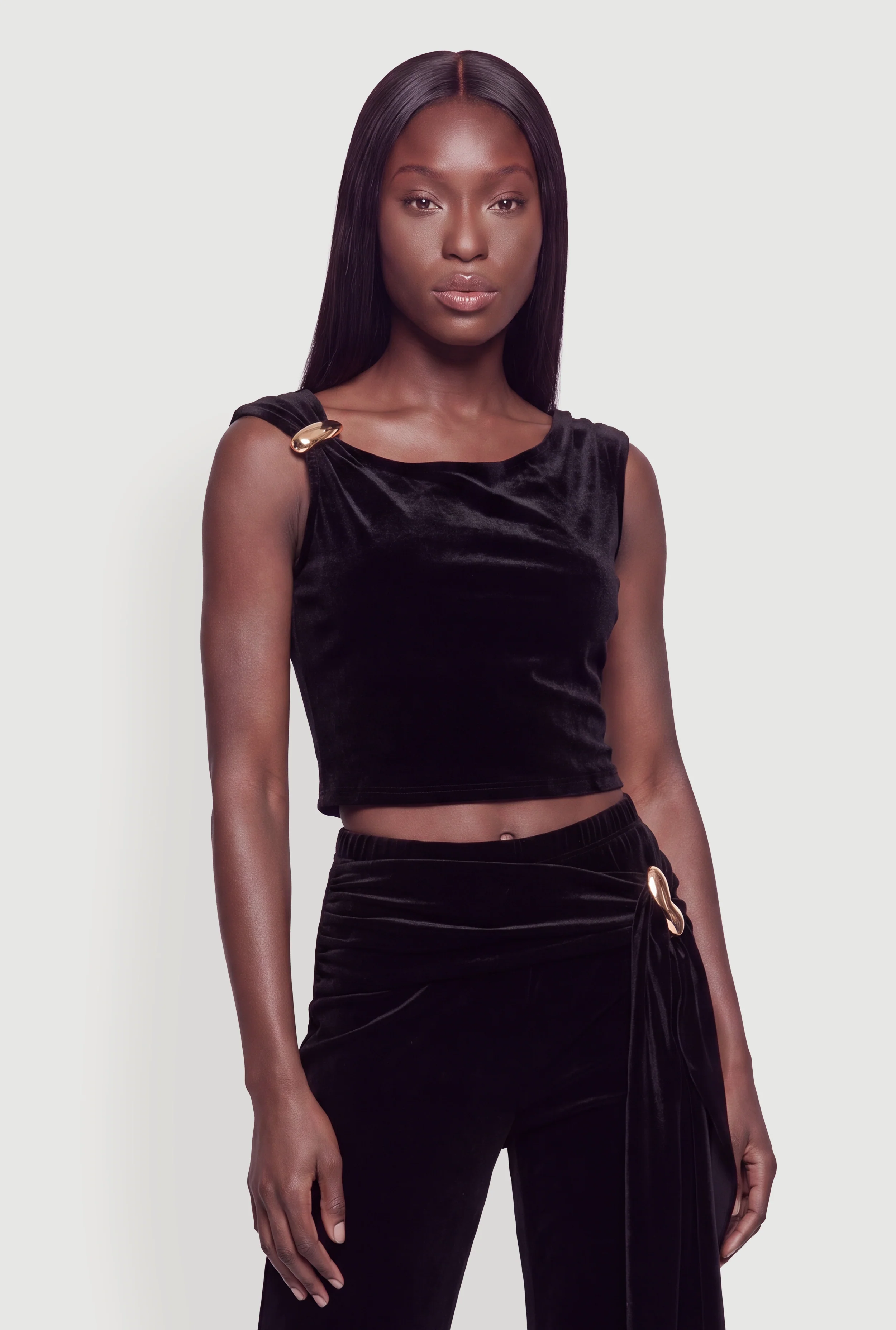 Sleeveless Metallic Detail Velvet Crop Top