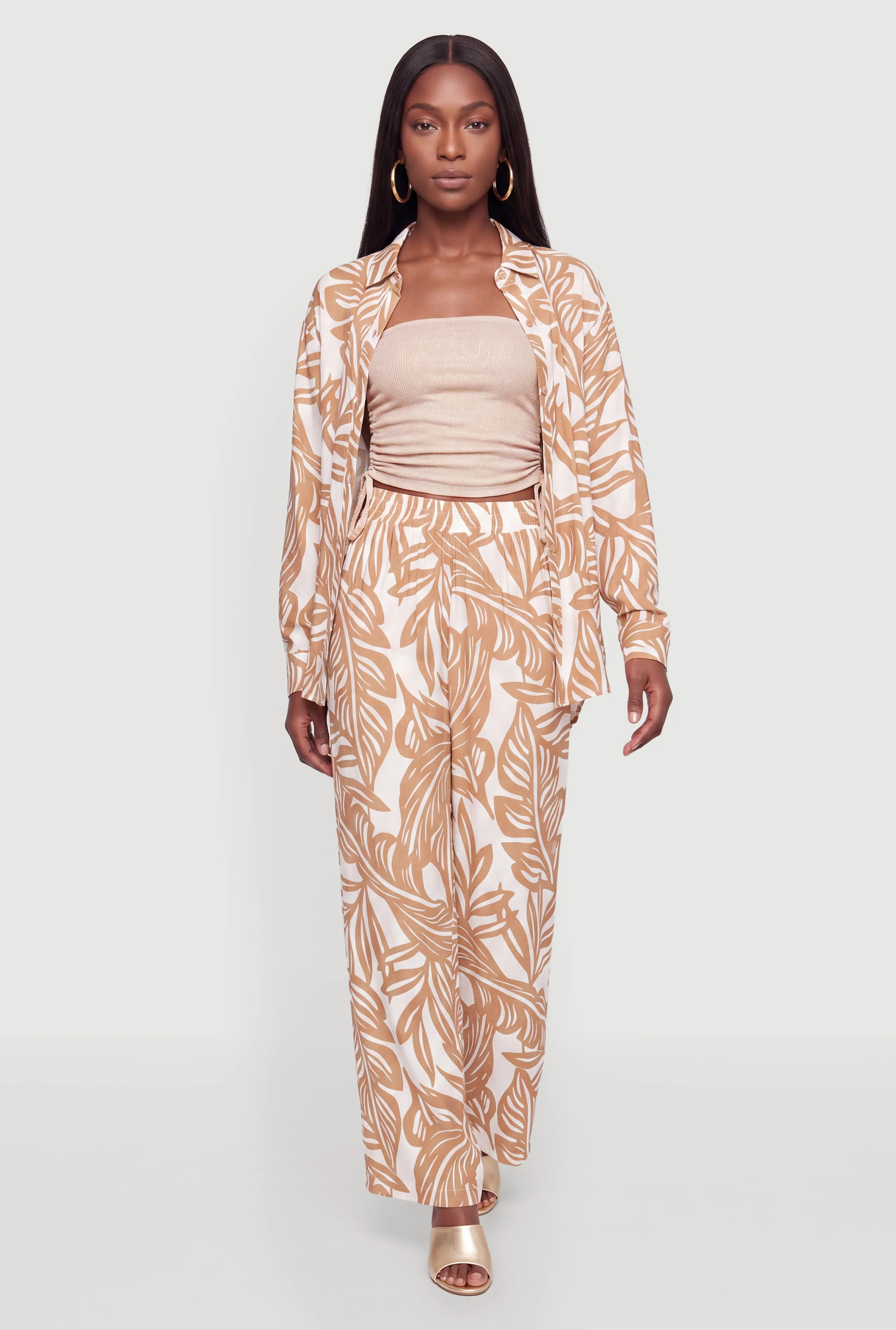 Leaf Print Crepe Knit Pull On Pants