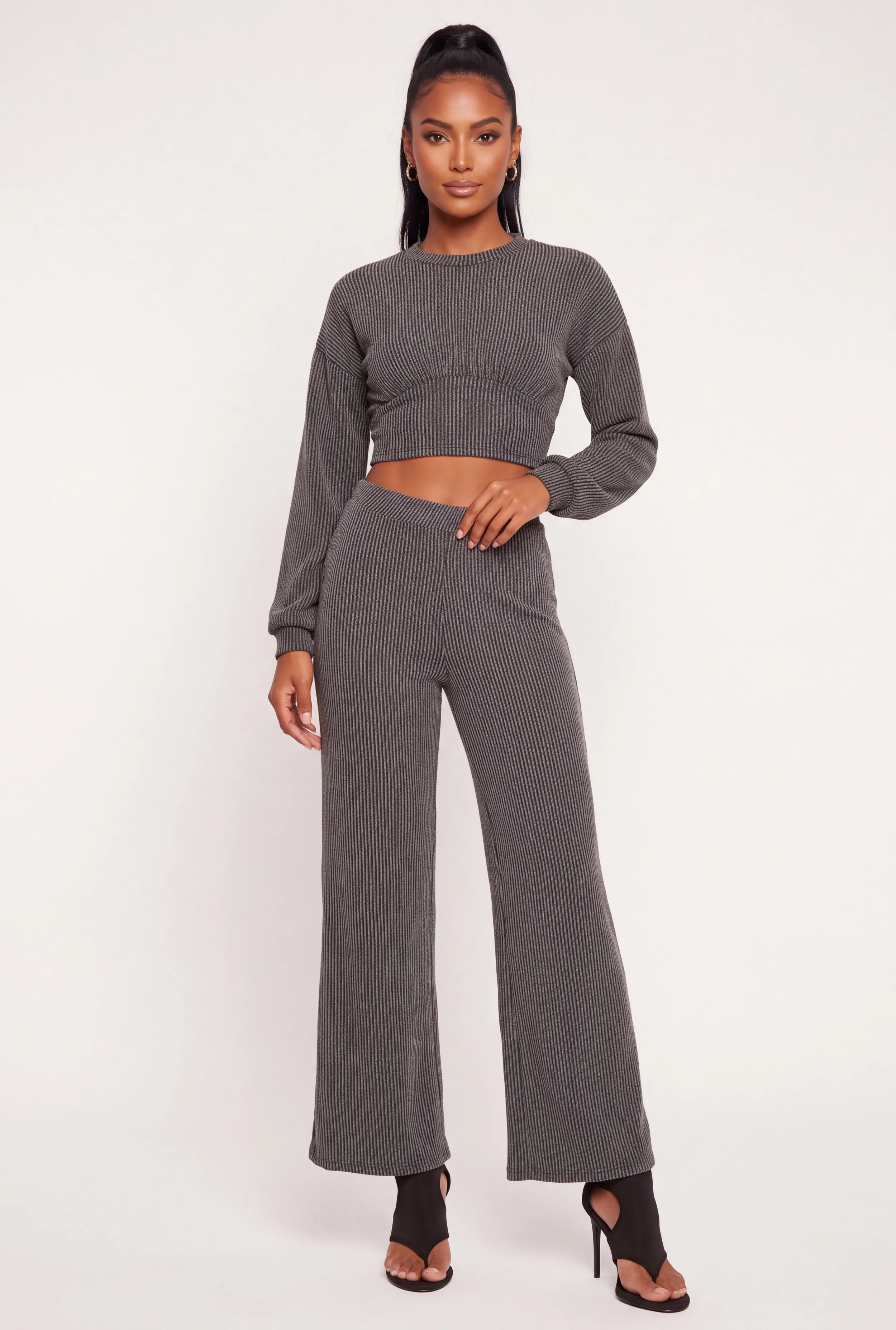 Ribbed Knit Wide Leg Pull On Pants