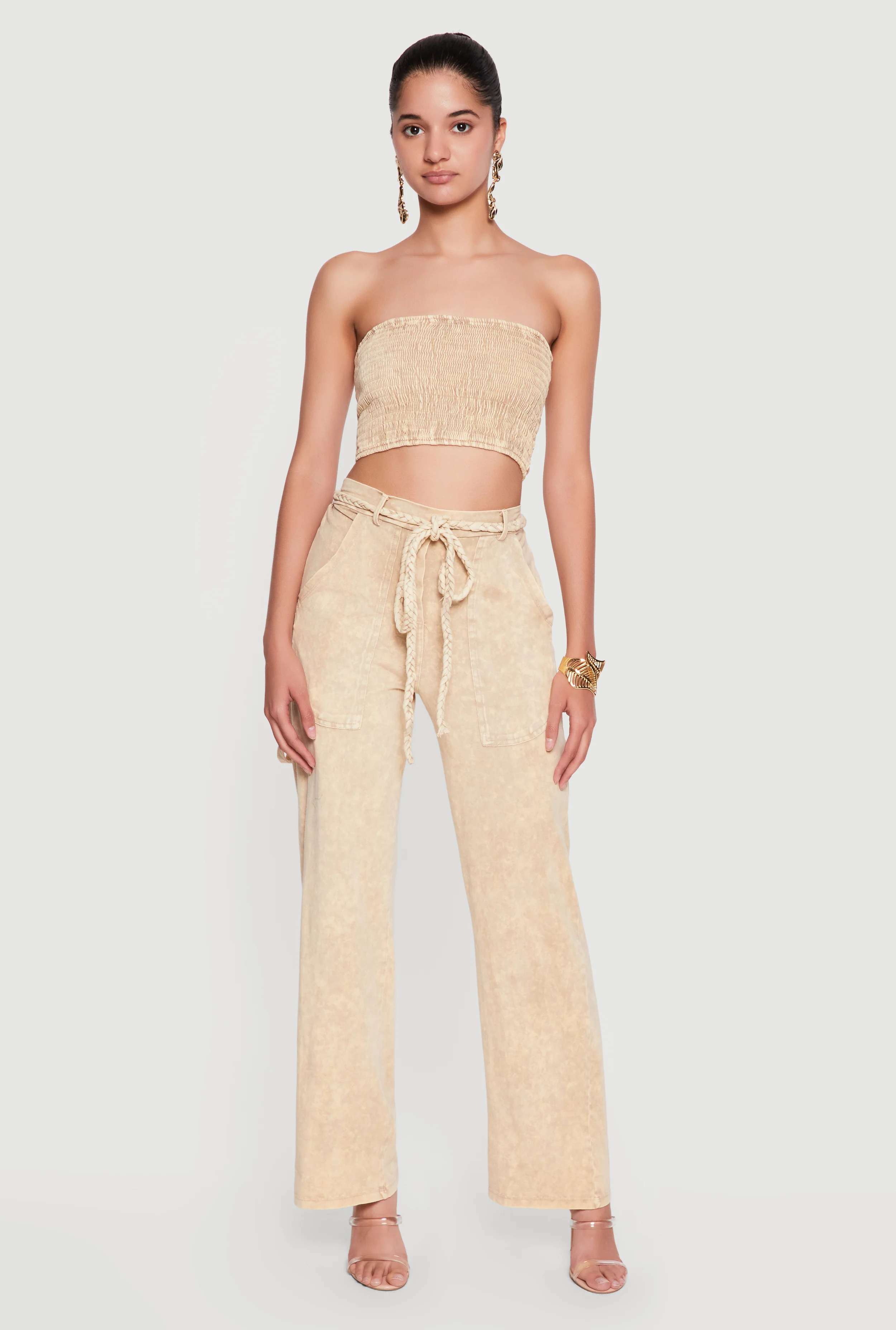 High Waisted Acid Wash Casual Pants with Tie Waist Belt