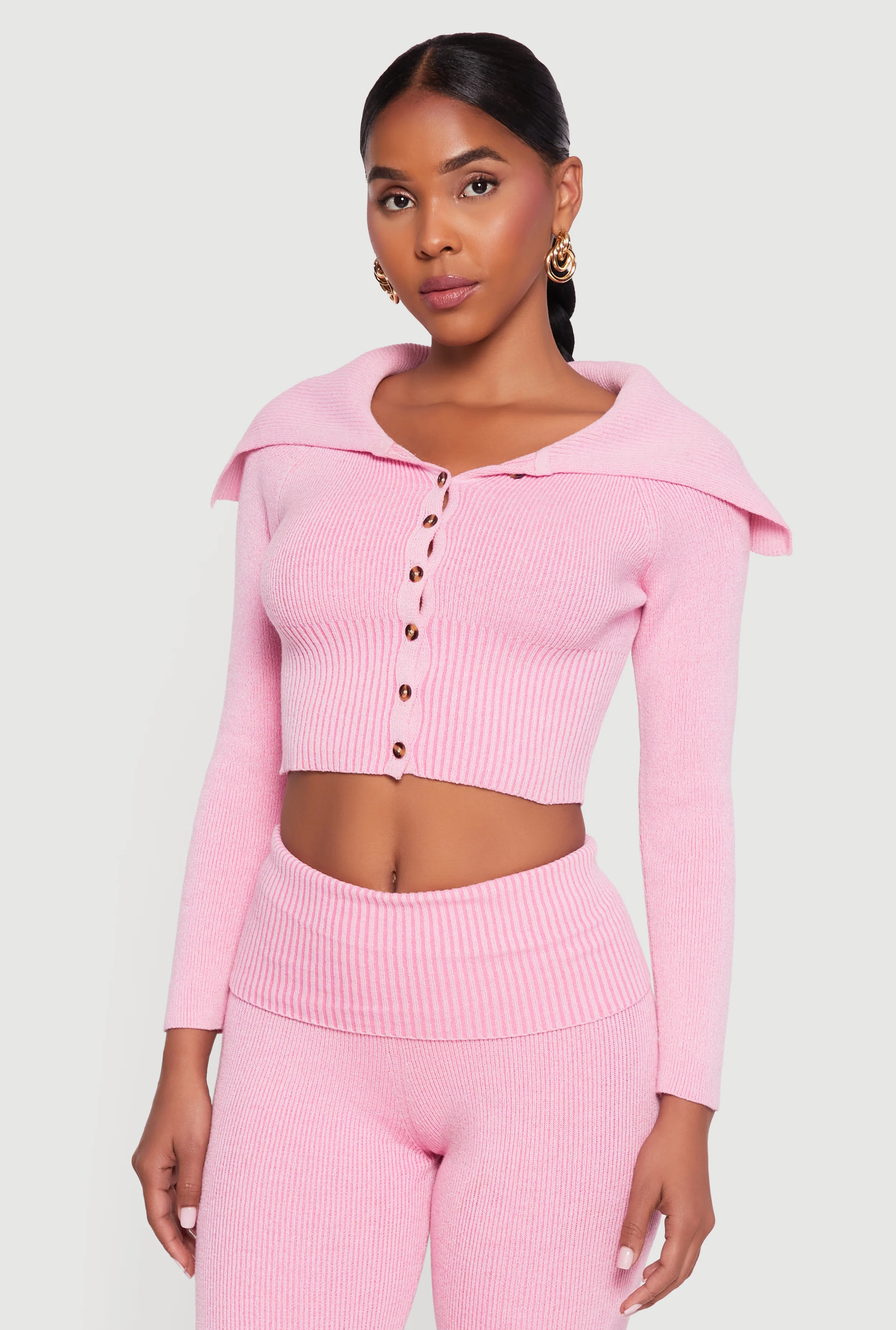 Fold Over Collar Ribbed Knit Button Front Sweater
