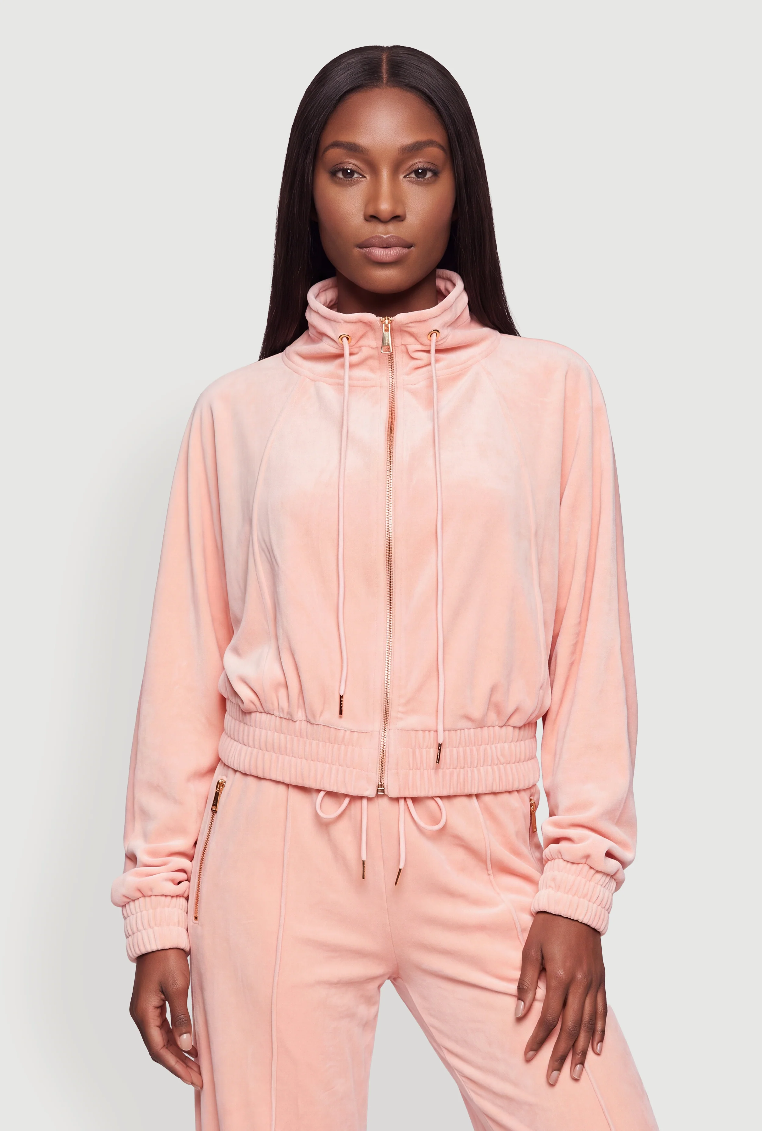 Velour Zip Front Mock Neck Sweatshirt