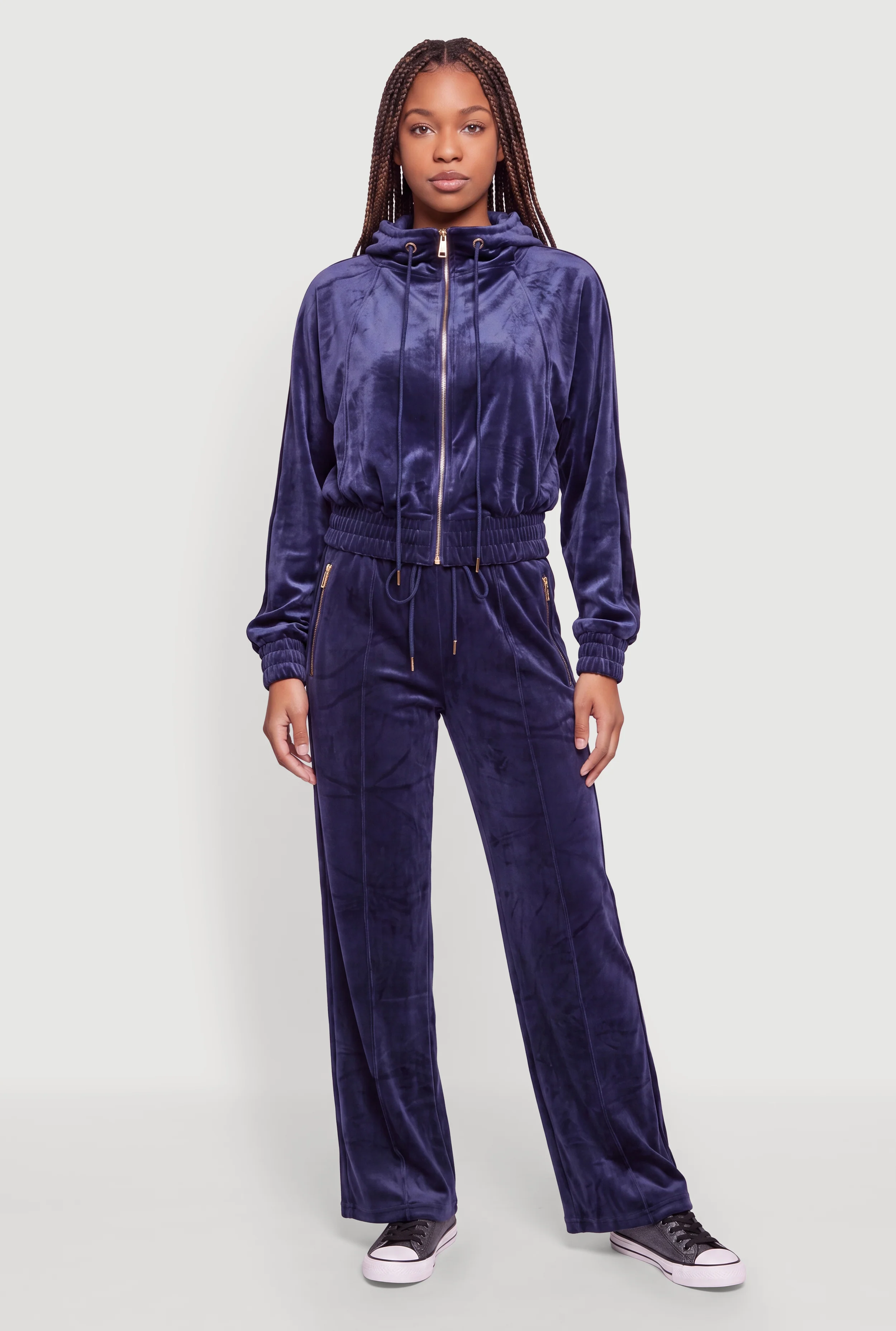 Velour High Waisted Wide Leg Sweatpants with Zip Pockets