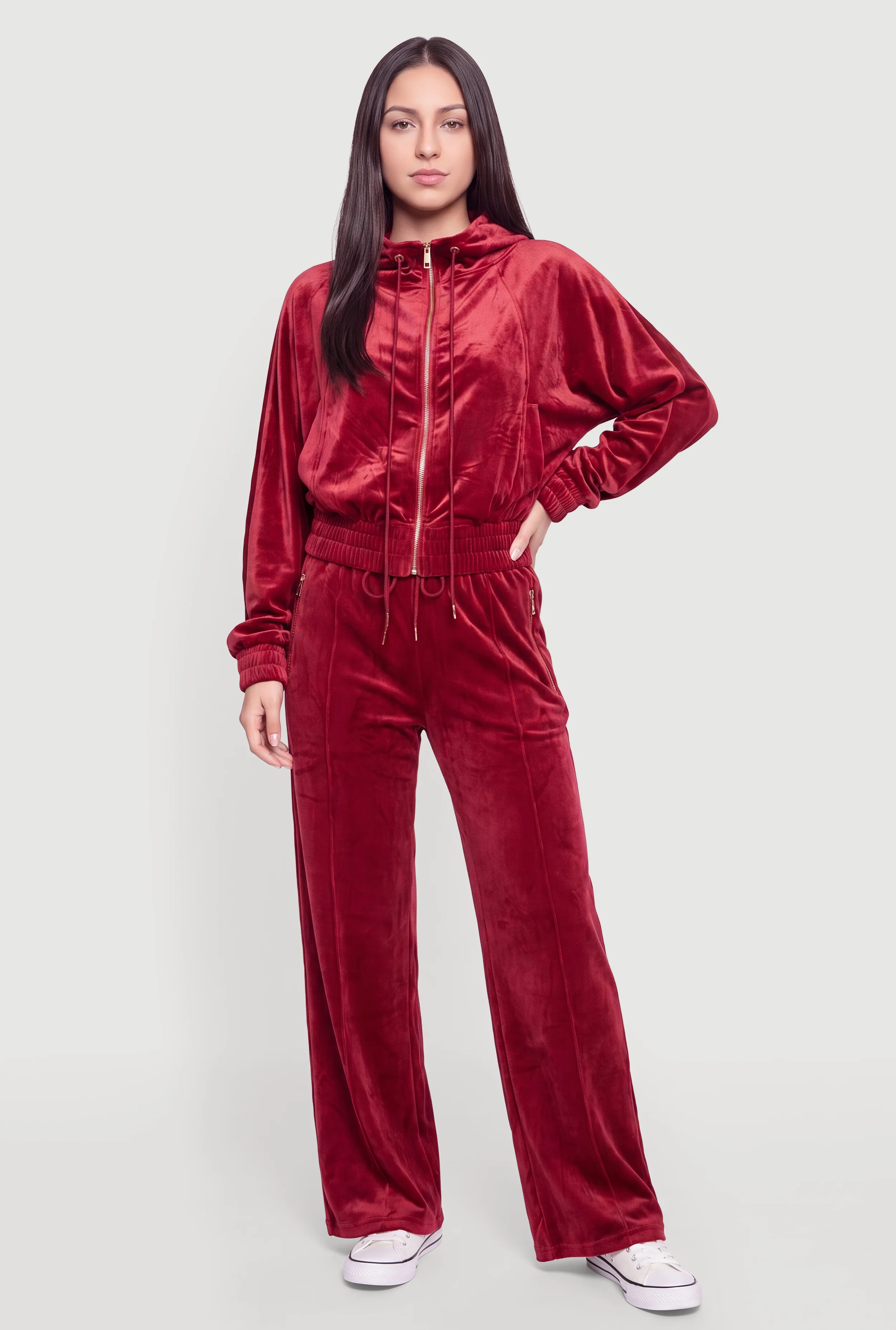 Velour High Waisted Wide Leg Sweatpants with Zip Pockets
