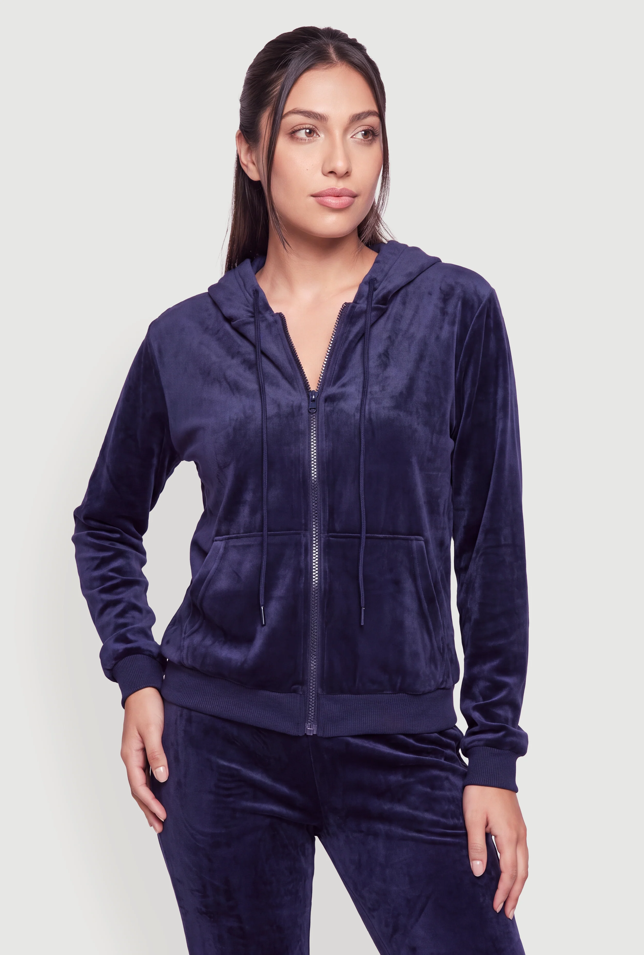 Velour Zip Front Drawstring Hooded Sweatshirt