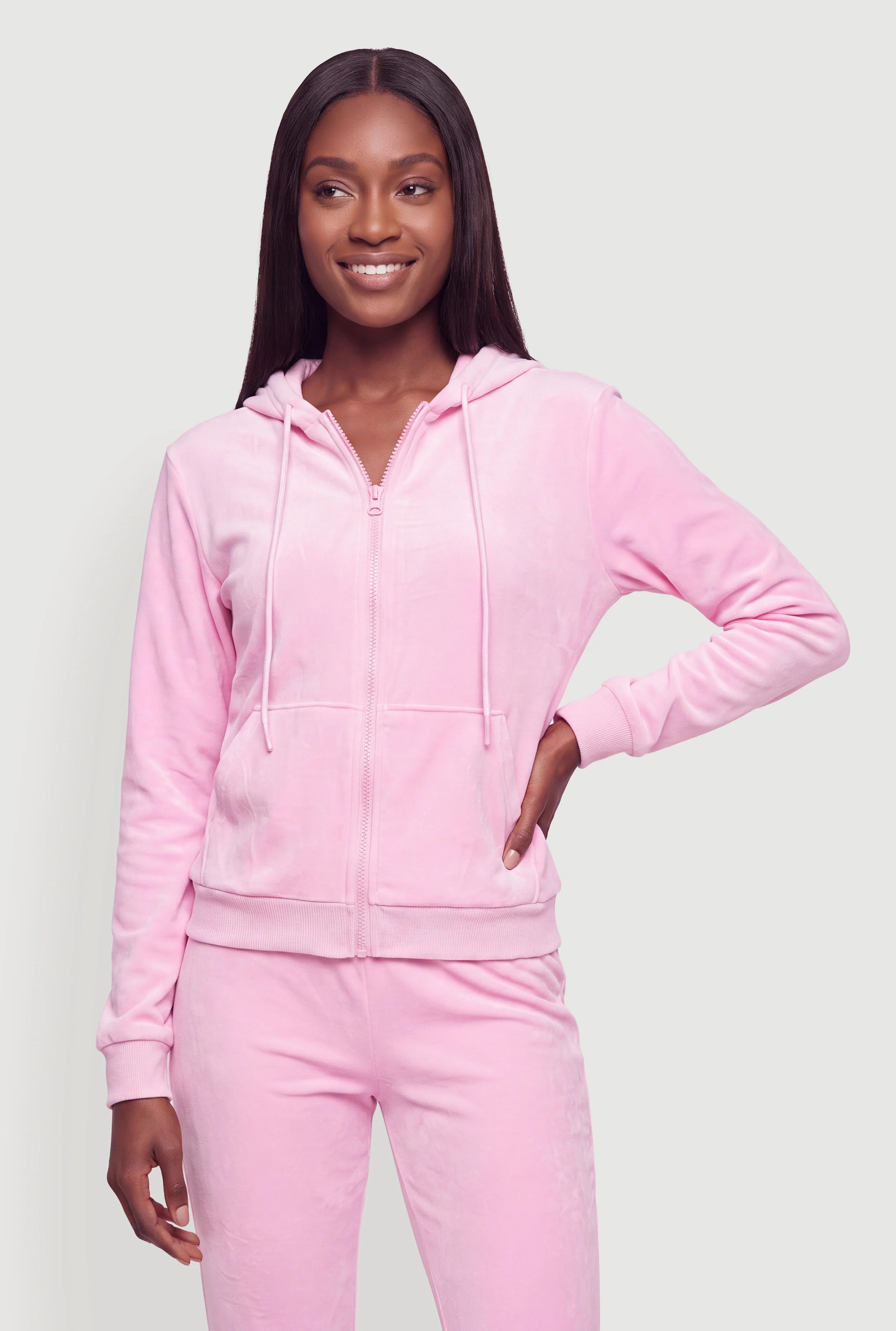 Velour Zip Front Drawstring Hooded Sweatshirt