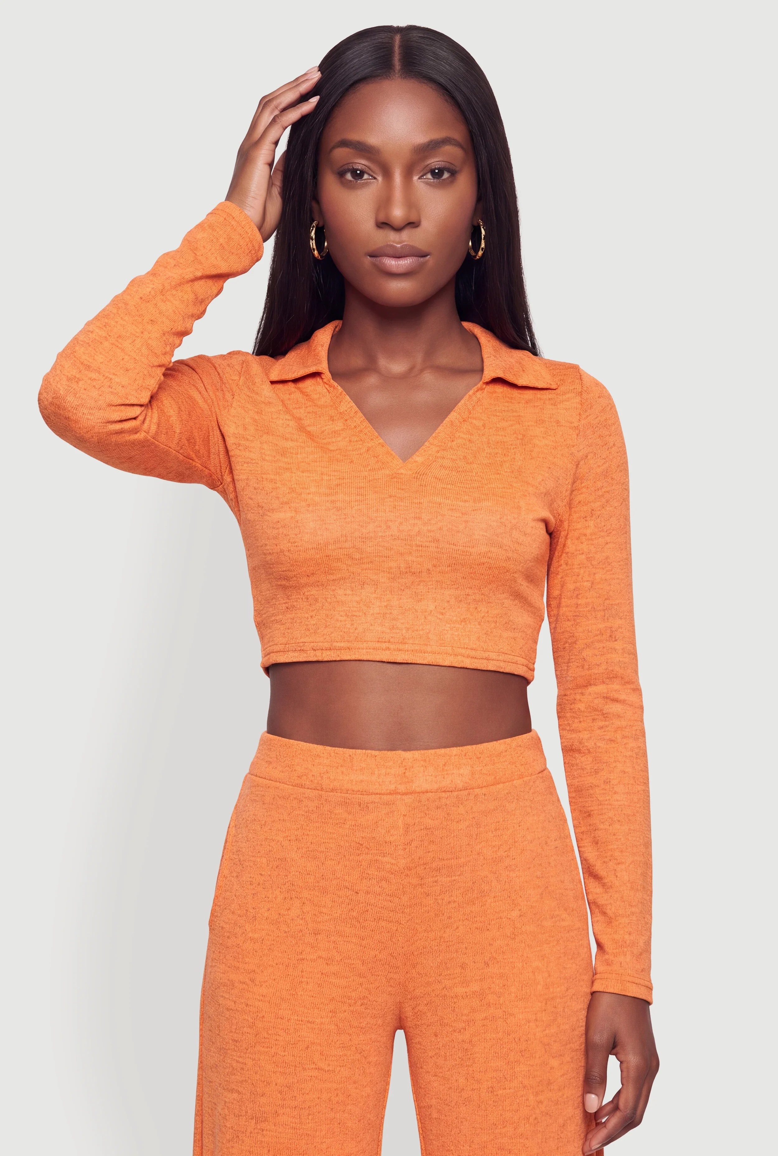 Brushed Knit Long Sleeve Johnny Collar Crop Top