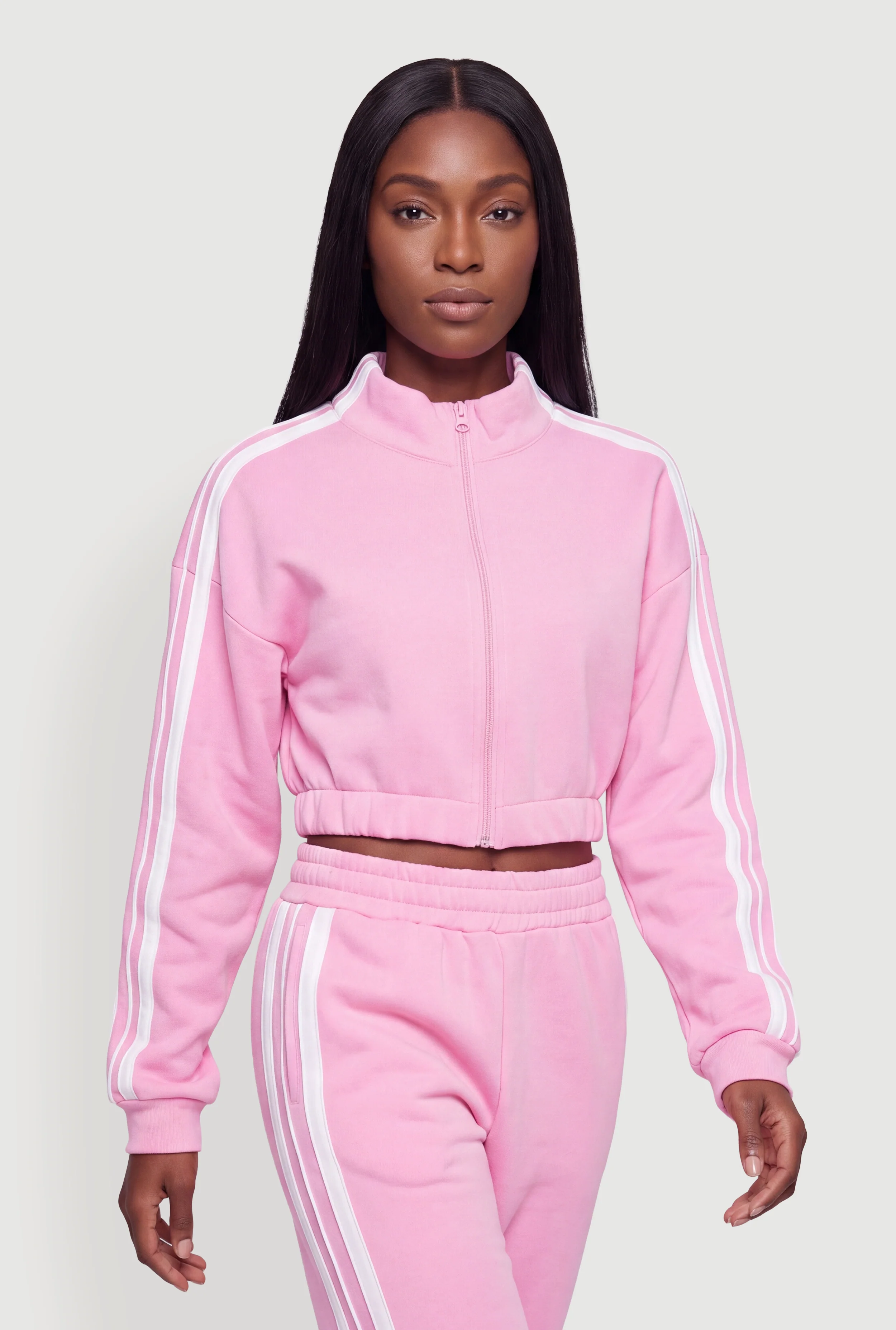 Contrast Trim Zip Front Mock Neck Cropped Jacket