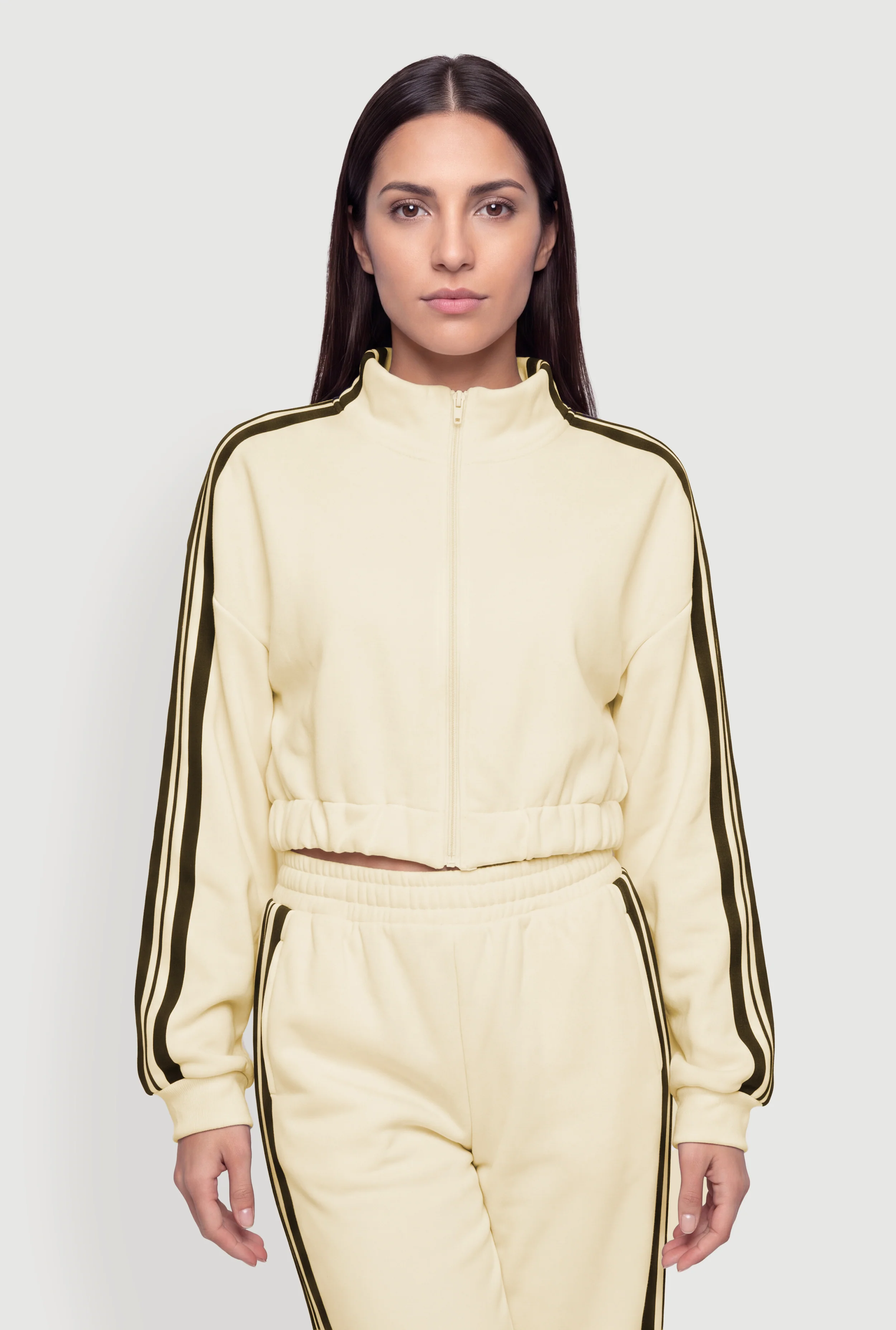 Contrast Trim Zip Front Mock Neck Cropped Jacket