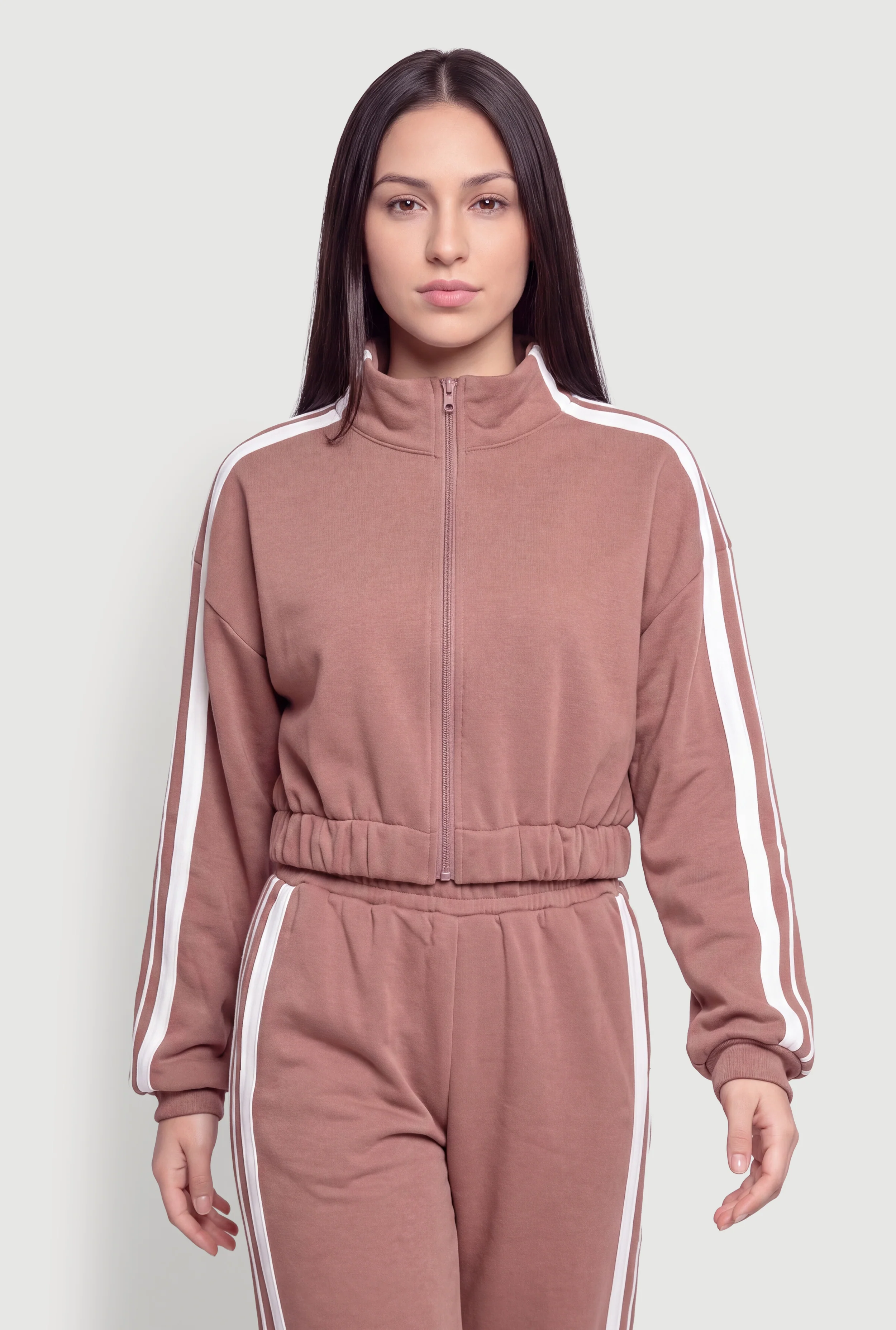 Contrast Trim Zip Front Mock Neck Cropped Jacket