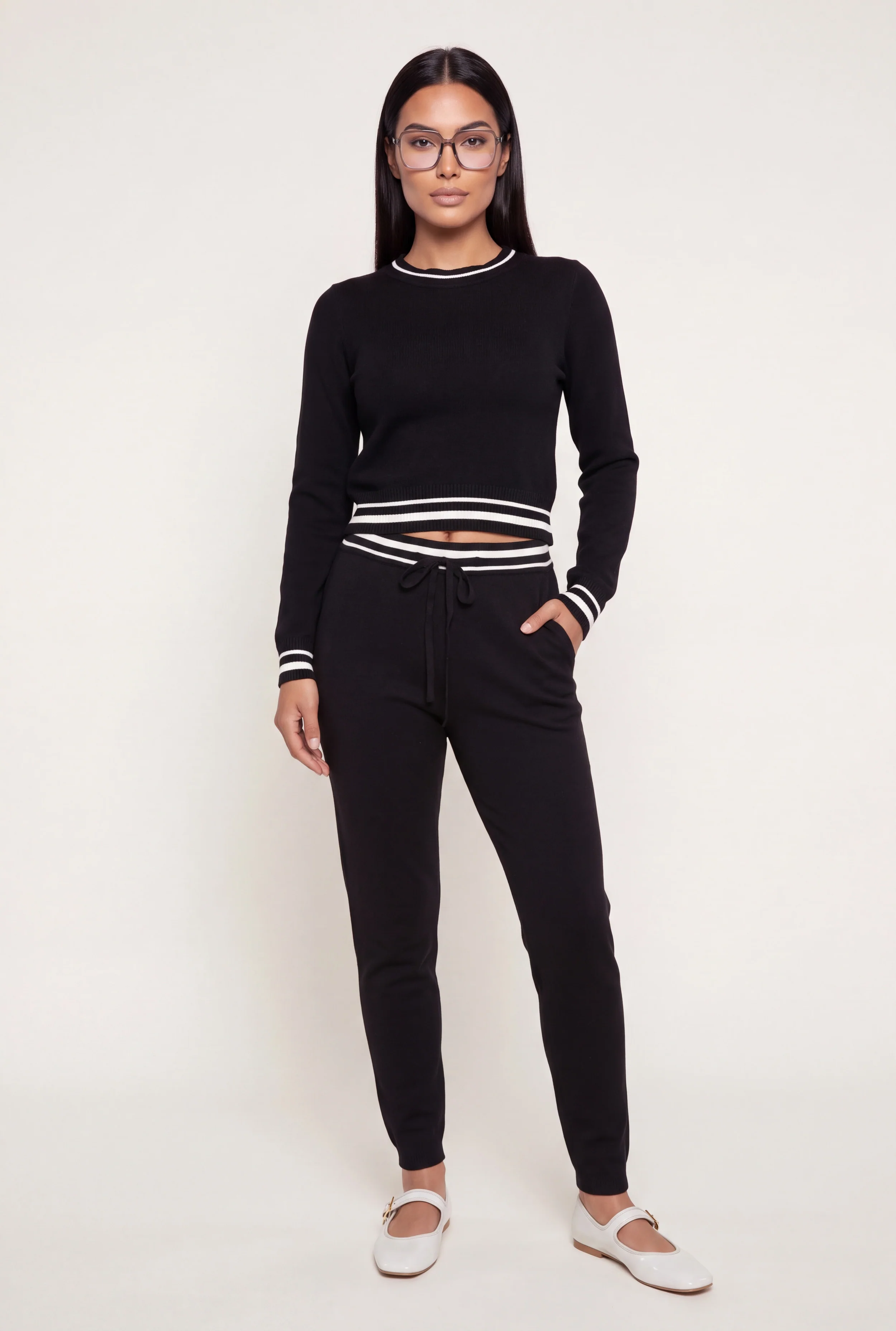 Contrast Trim Long Sleeve Crew Neck Sweater