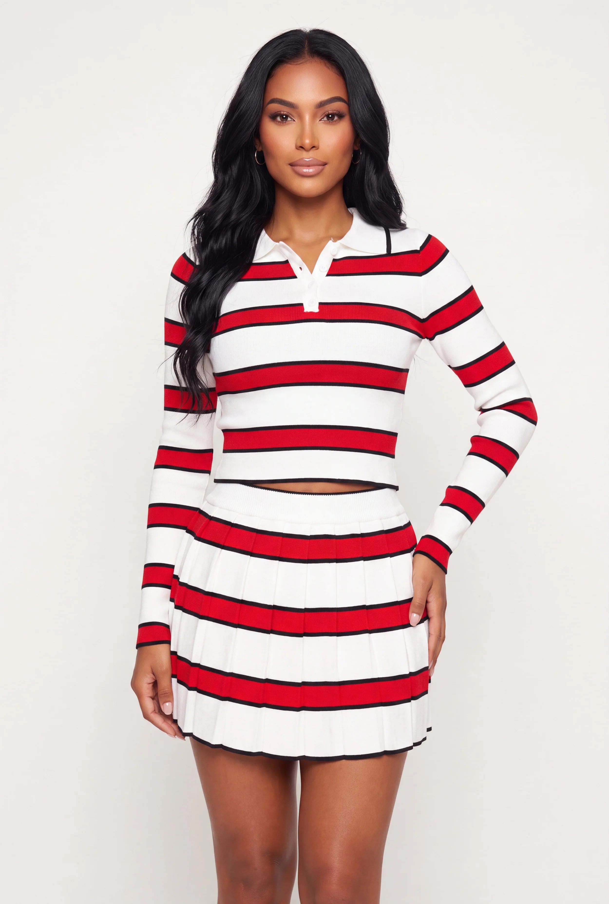 Striped Long Sleeve Cropped Polo Shirt