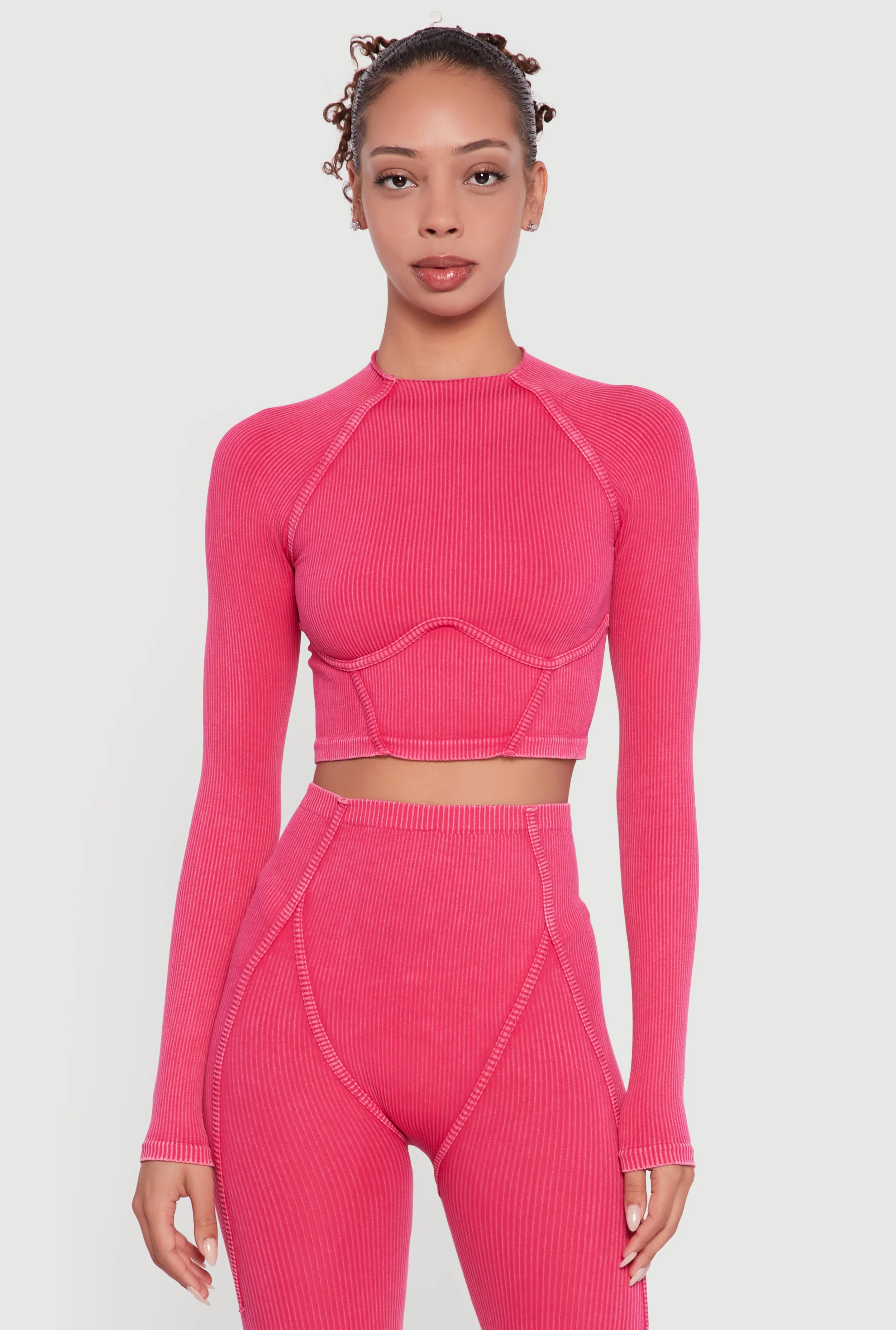 Acid Wash Ribbed Knit Decorative Stitch Active Crop Top