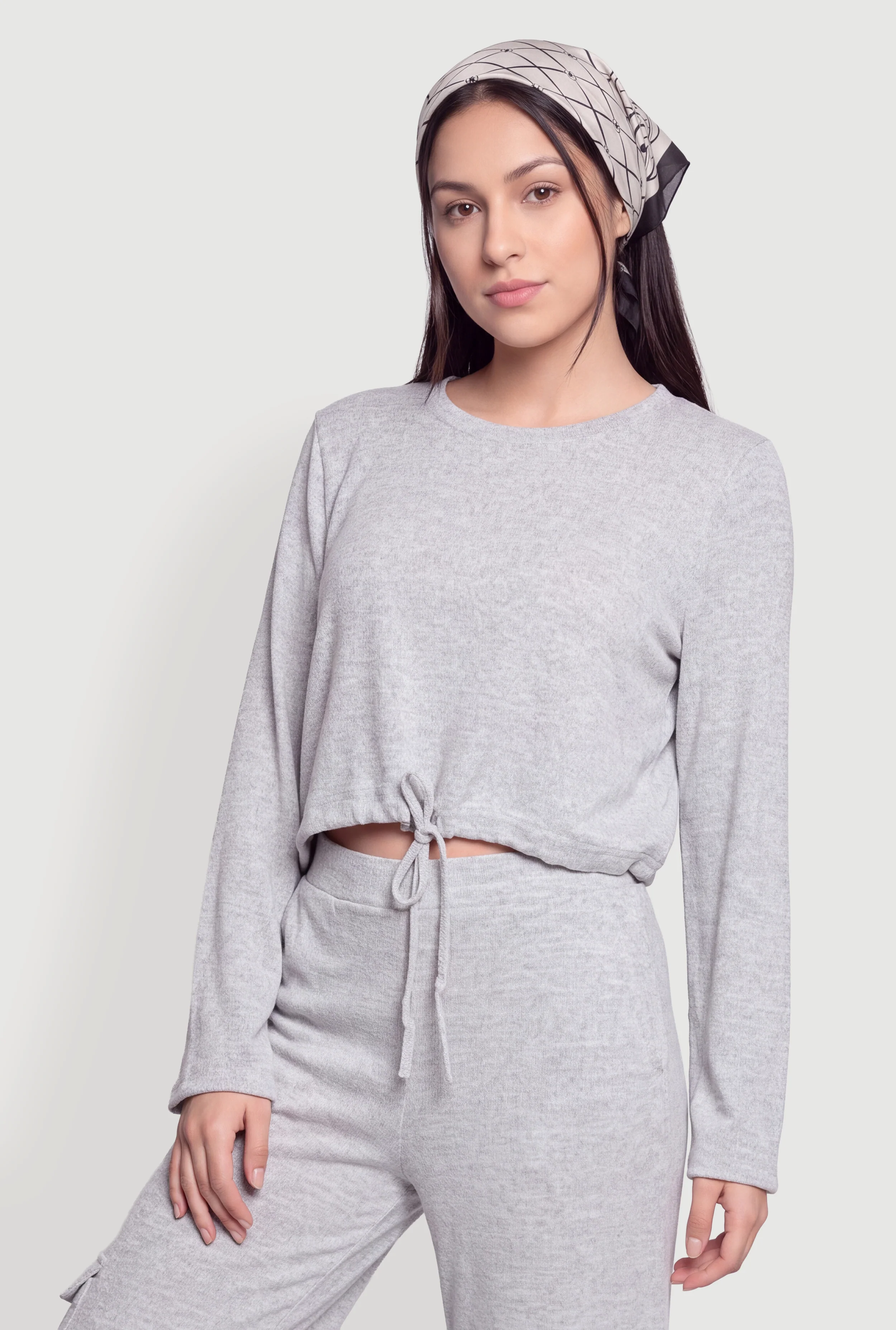 Brushed Knit Drawstring Waist Long Sleeve Top