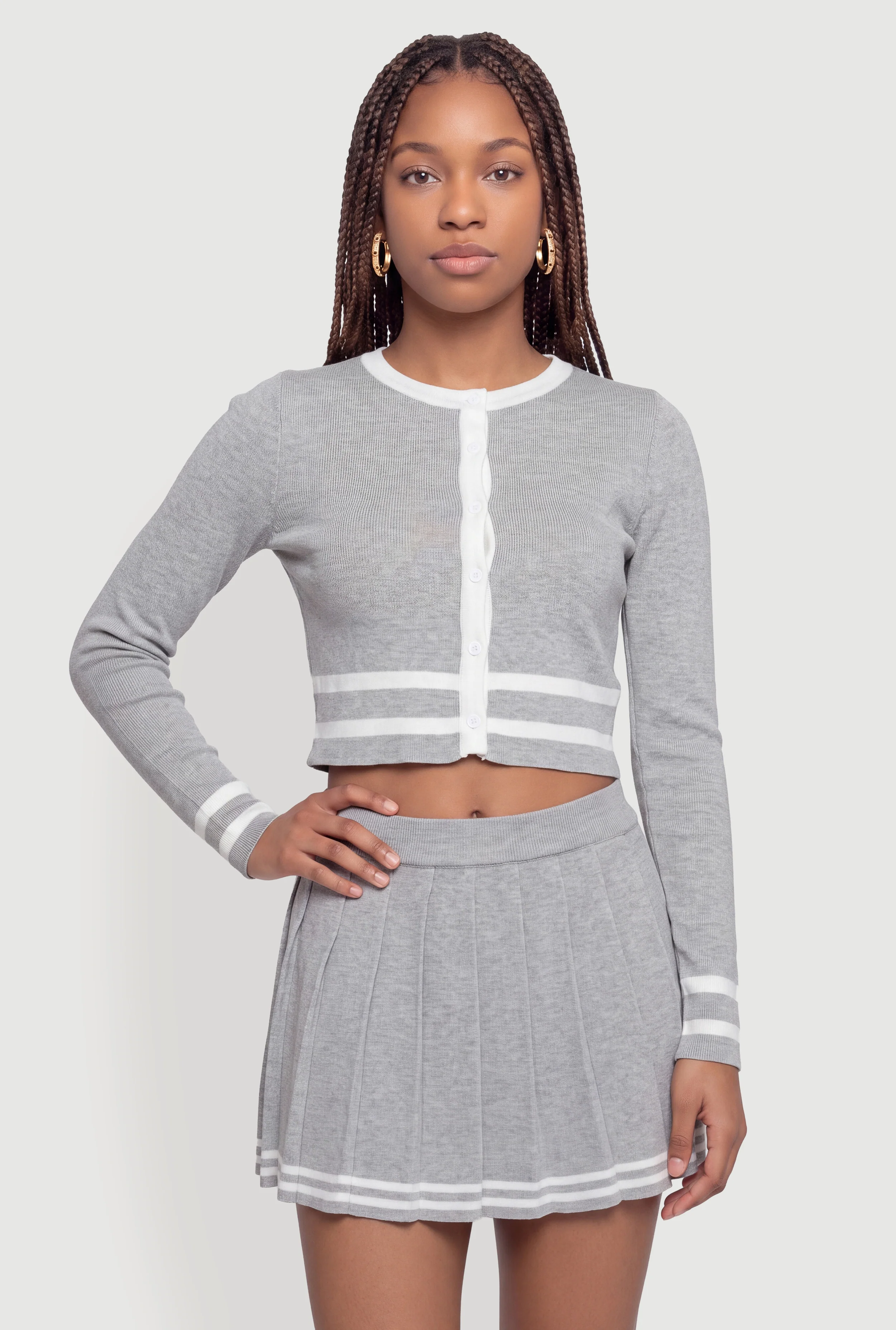 Contrast Trim Button Front Cropped Cardigan