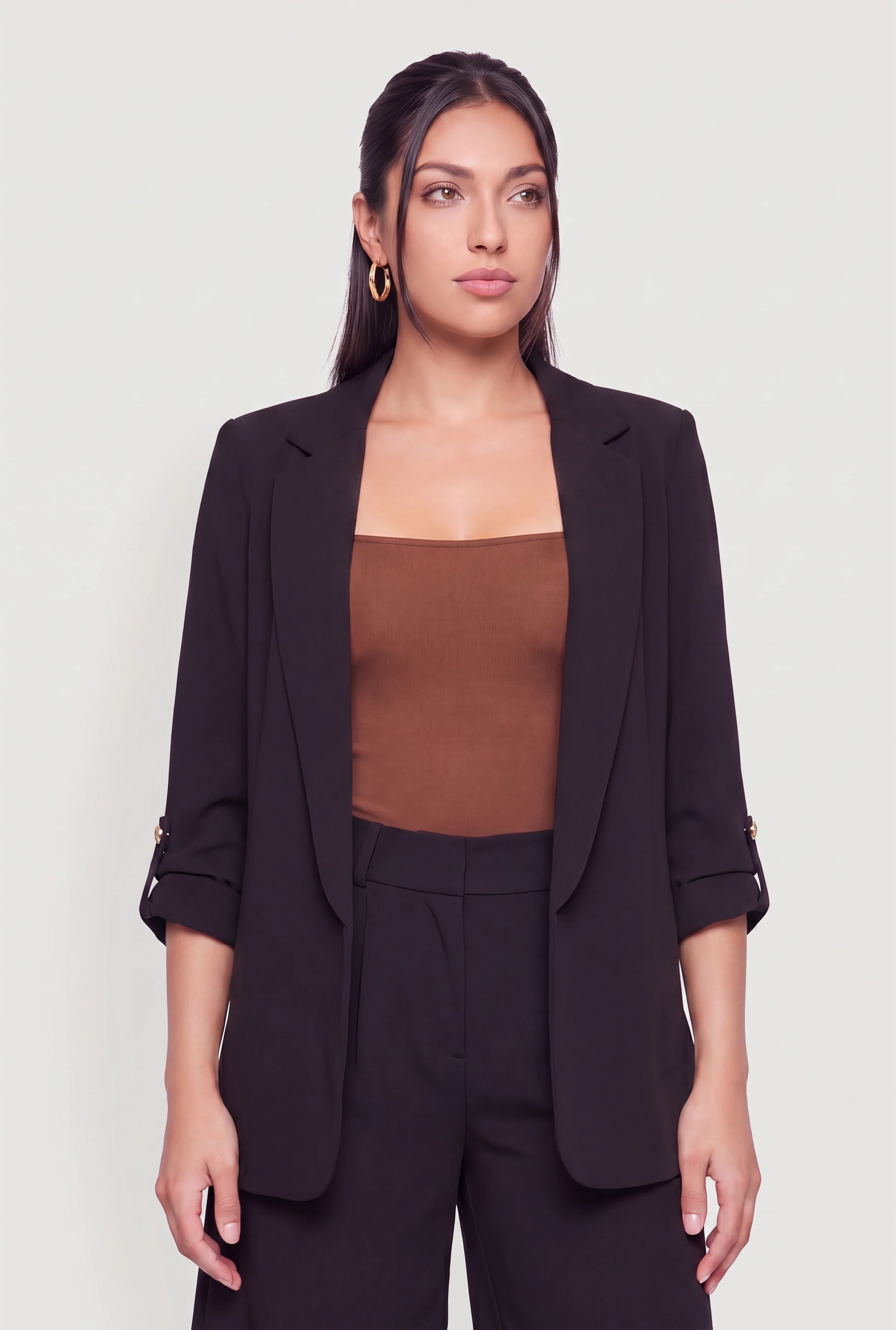 Crepe Knit Open Front Tab Sleeve Blazer