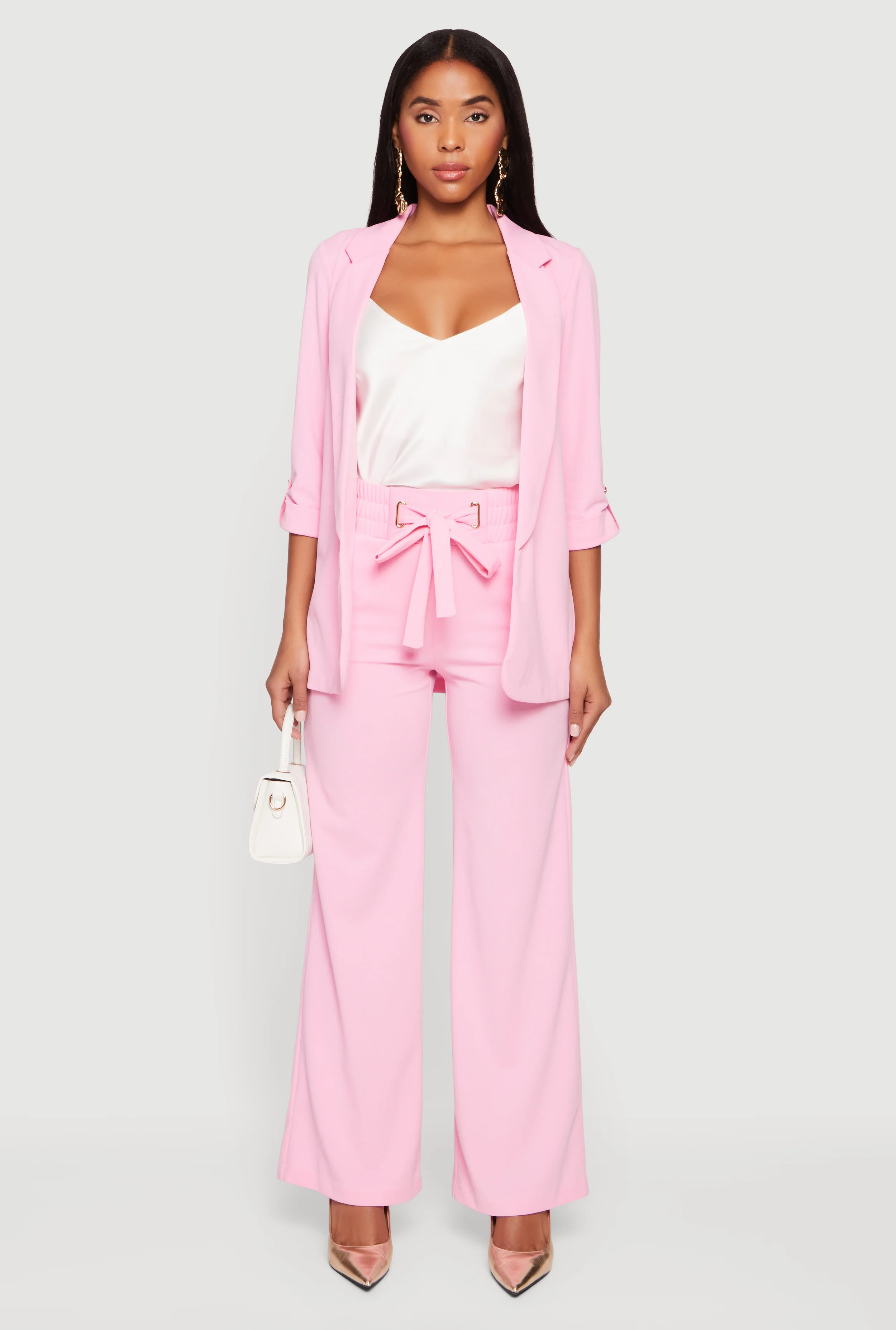 Crepe Knit Faux Drawstring Detail Wide Leg Pants