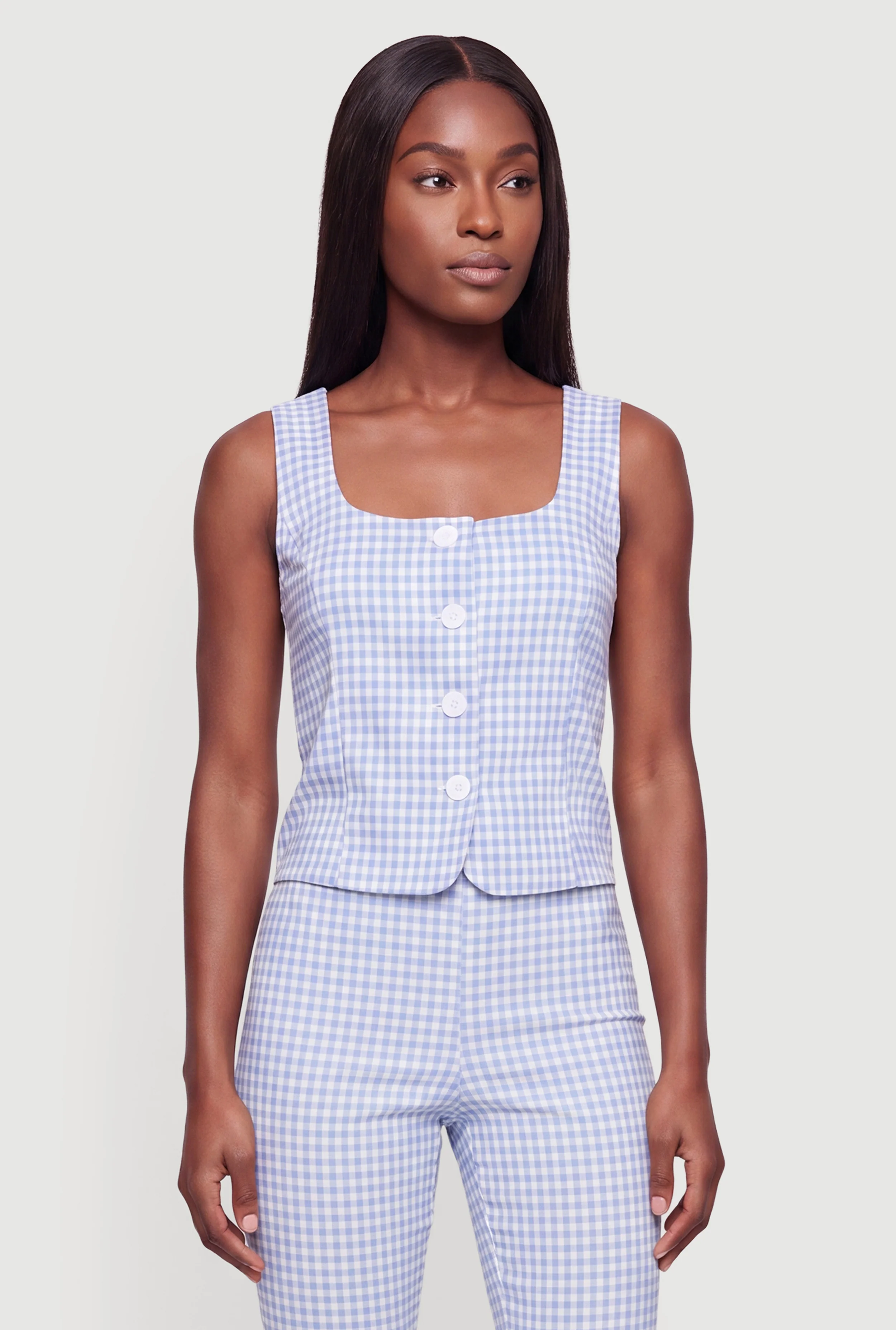 Gingham Button Front Square Neck Blazer Vest