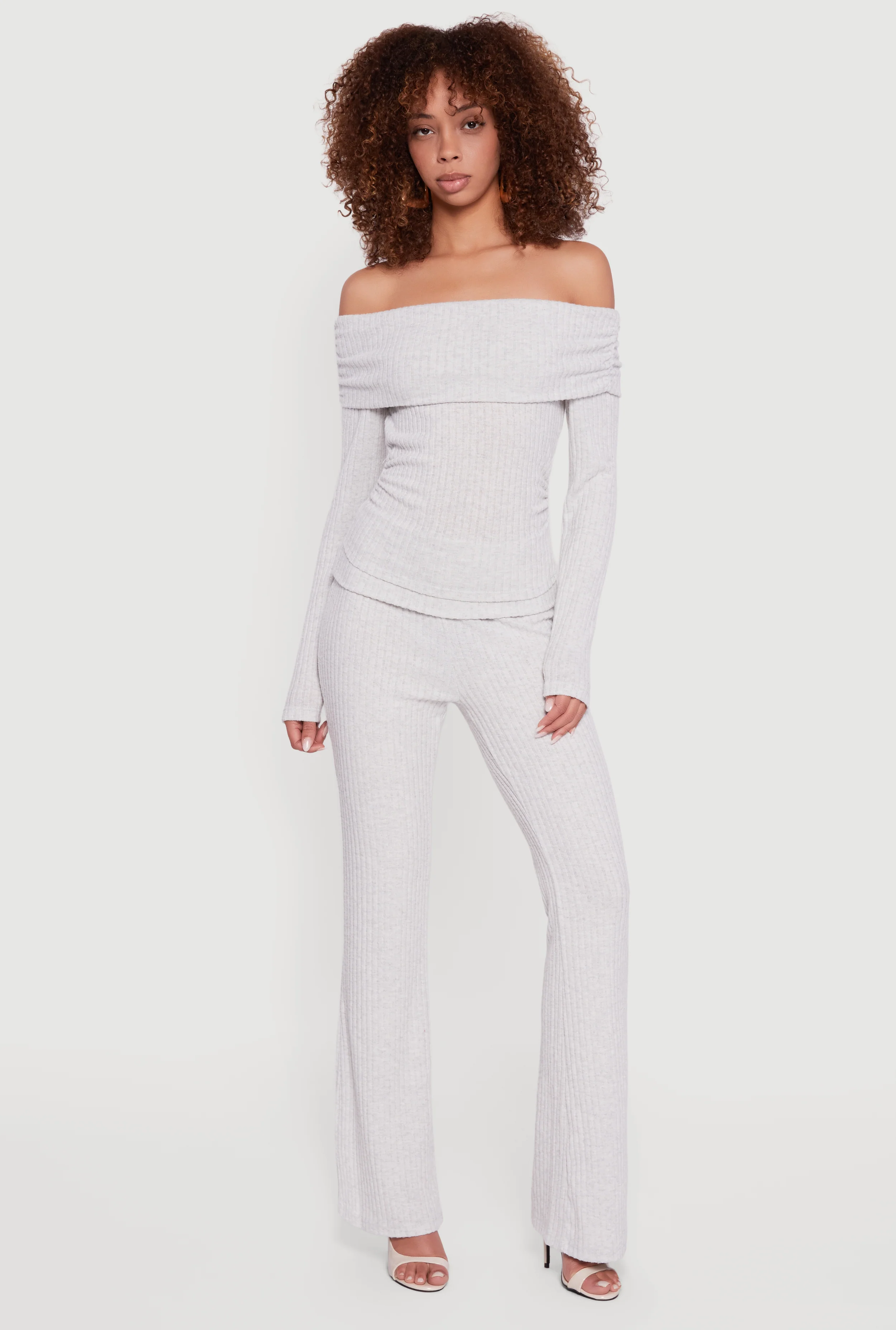 Fold Over High Waisted Flare Leg Ribbed Knit Pants