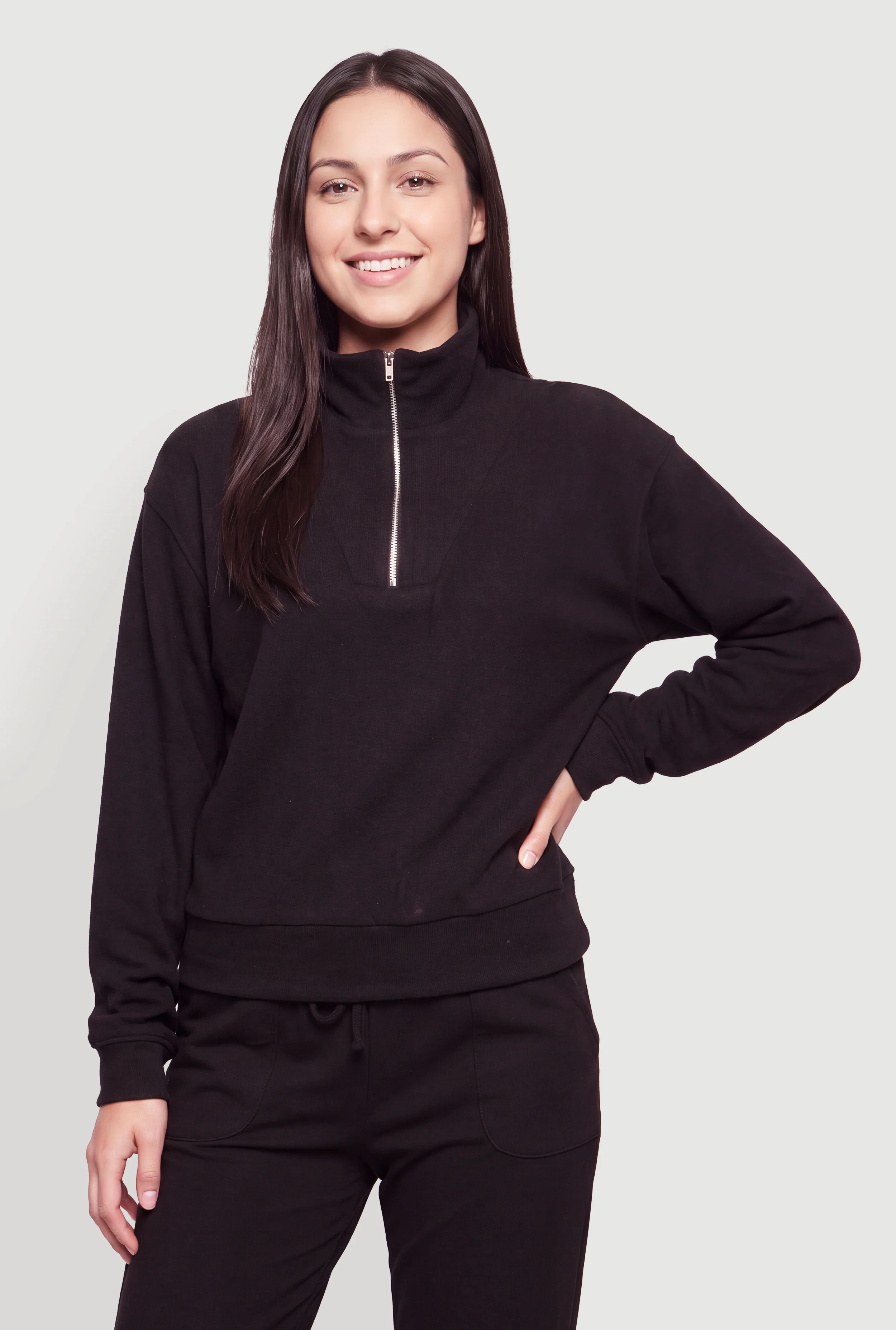 Brushed Ribbed Knit Quarter Zip Pullover Top