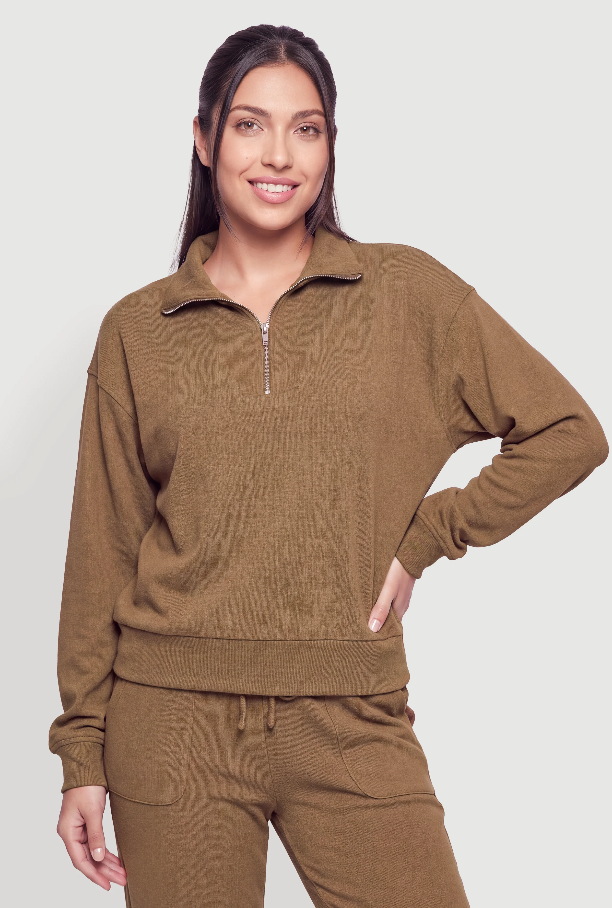 Brushed Ribbed Knit Quarter Zip Pullover Top
