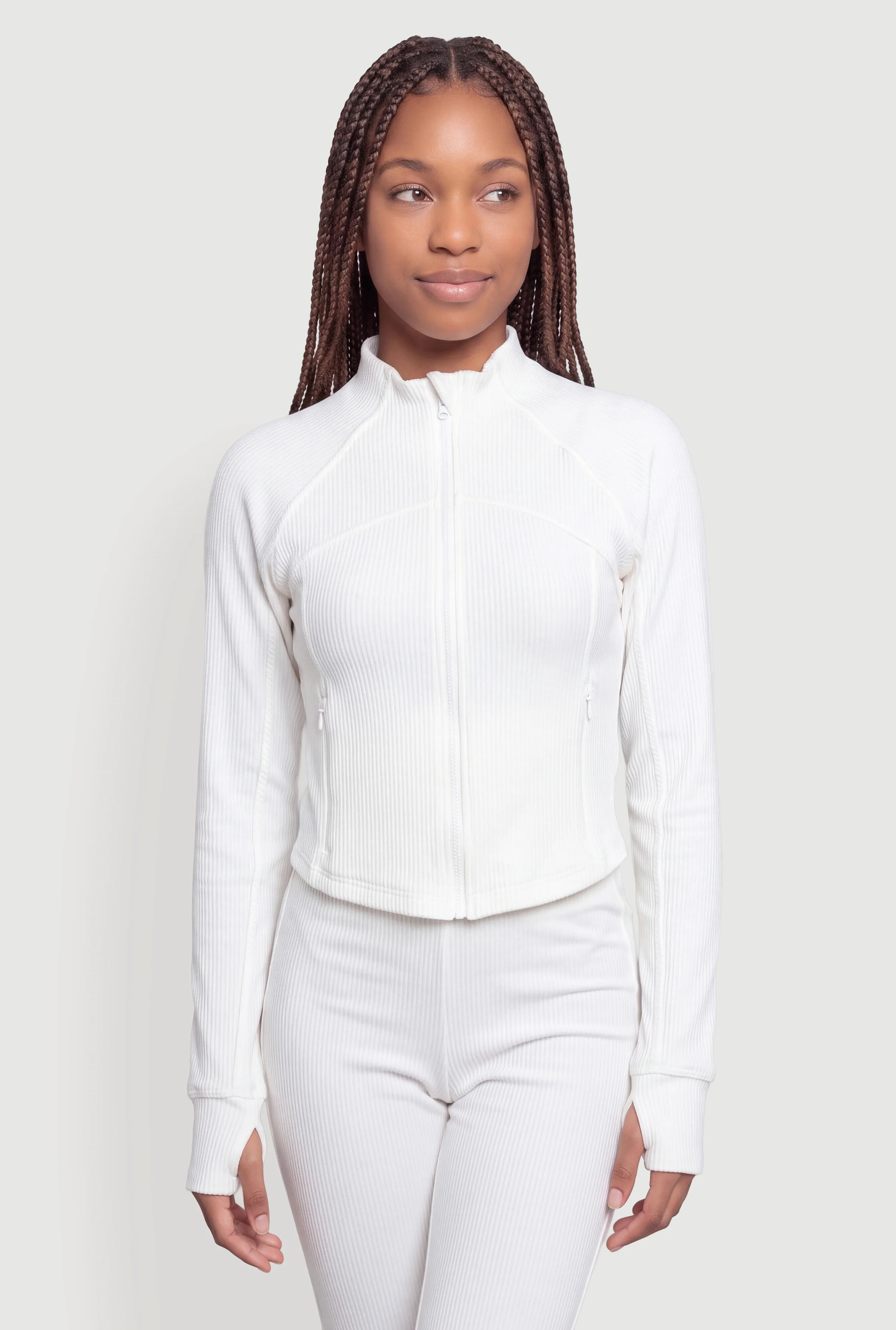 Brushed Ribbed Knit Funnel Neck Zip Front Track Jacket