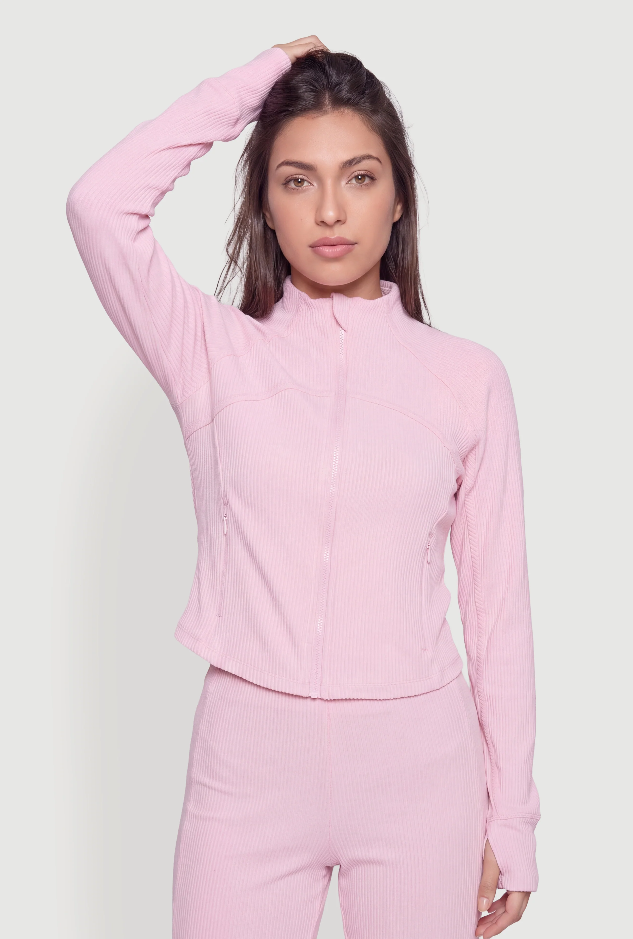 Brushed Ribbed Knit Funnel Neck Zip Front Track Jacket