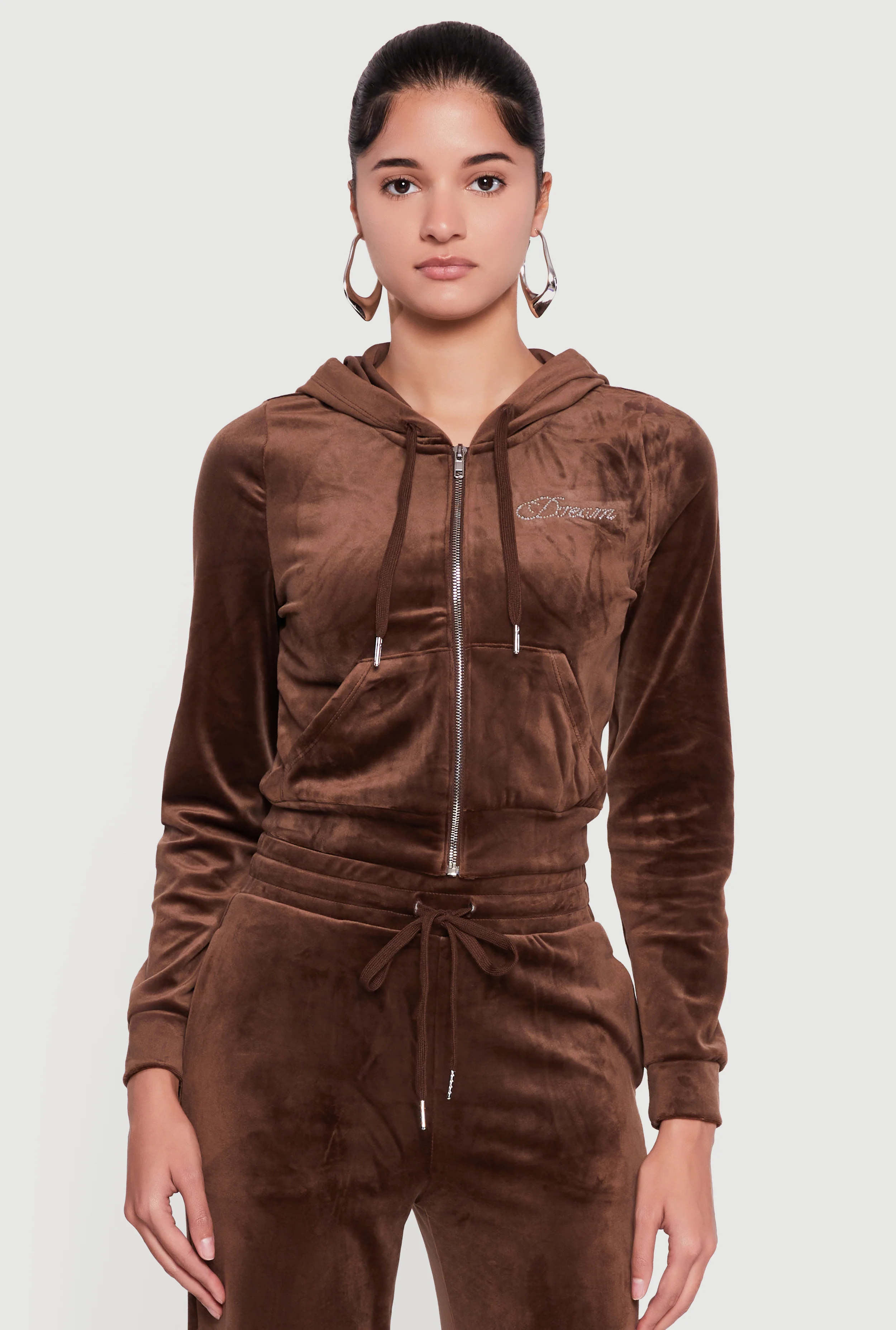 Velour Rhinestone Dream Graphic Zip Front Hoodie