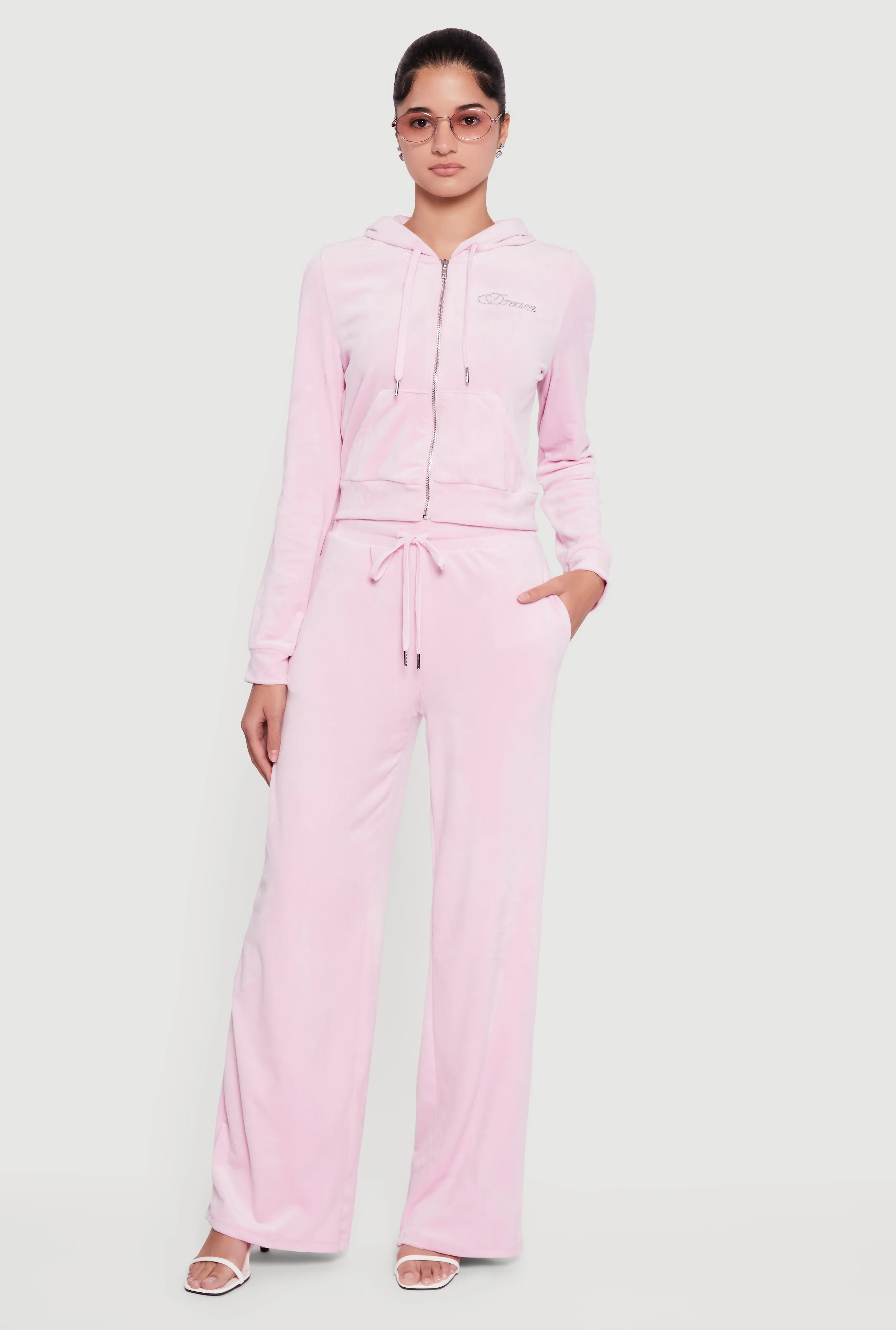 Velour Rhinestone Dream Graphic Drawstring Waist Sweatpants