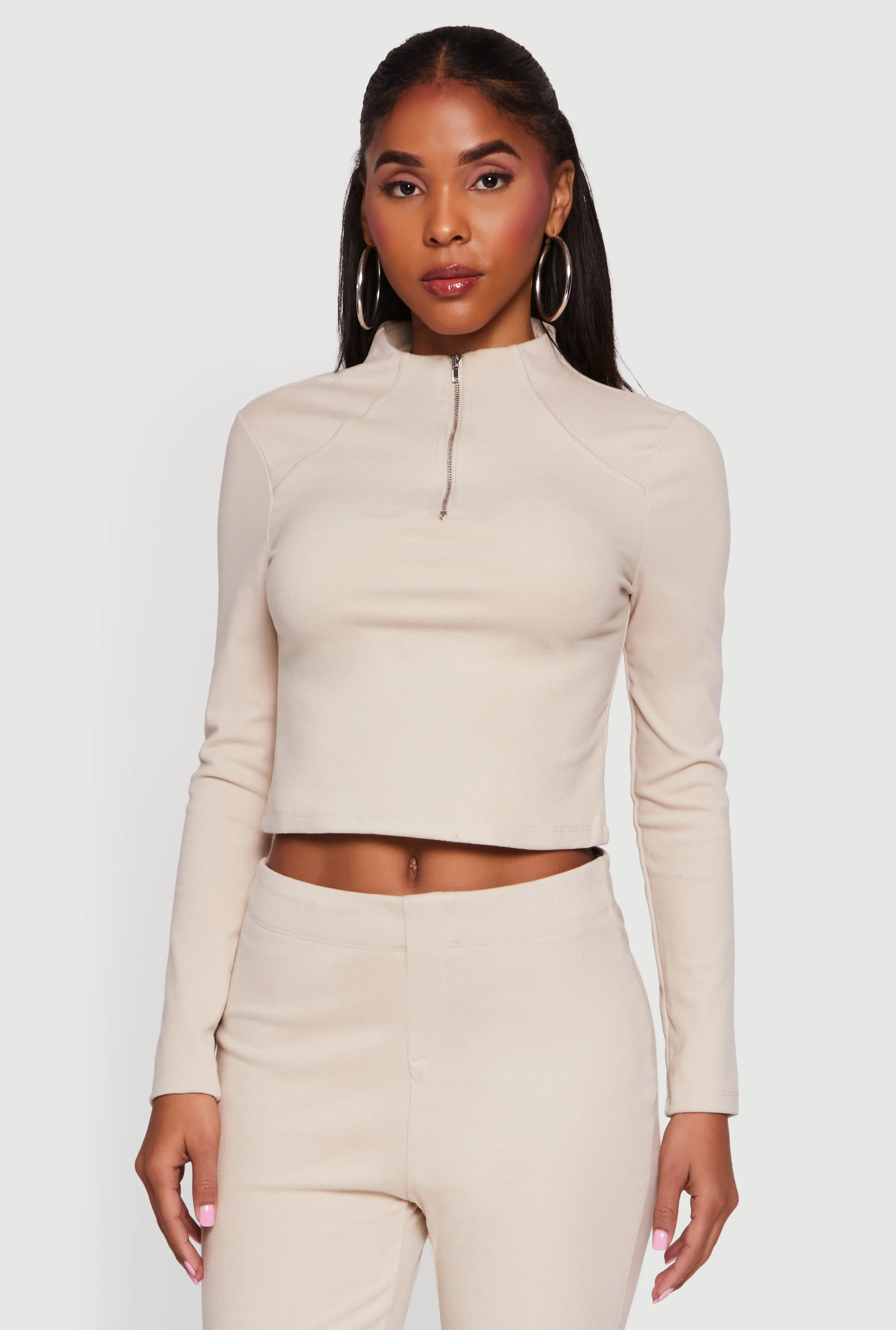 Brushed Rib Knit Long Sleeve Mock Neck Top