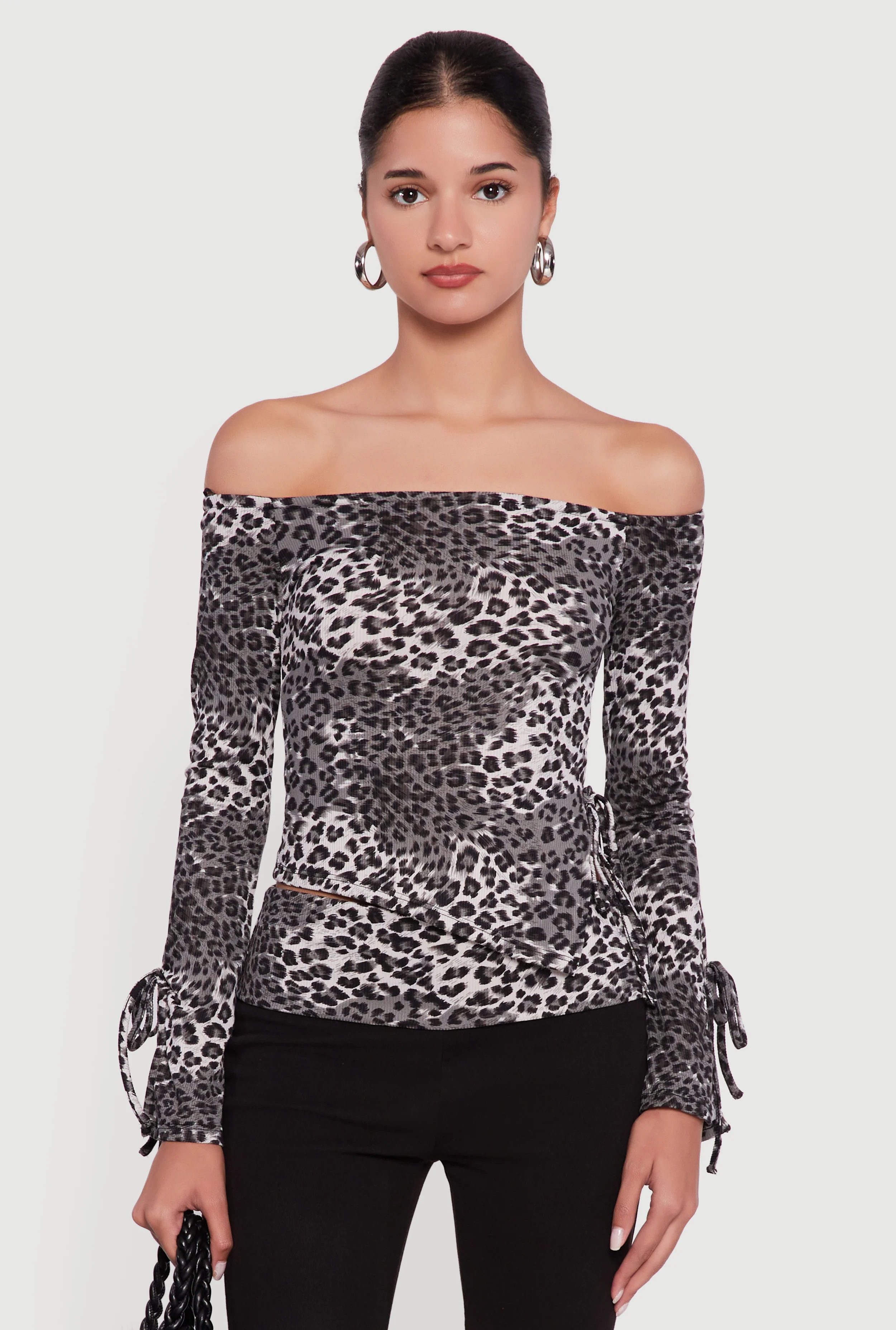 Ribbed Knit Leopard Print Off the Shoulder Blouse