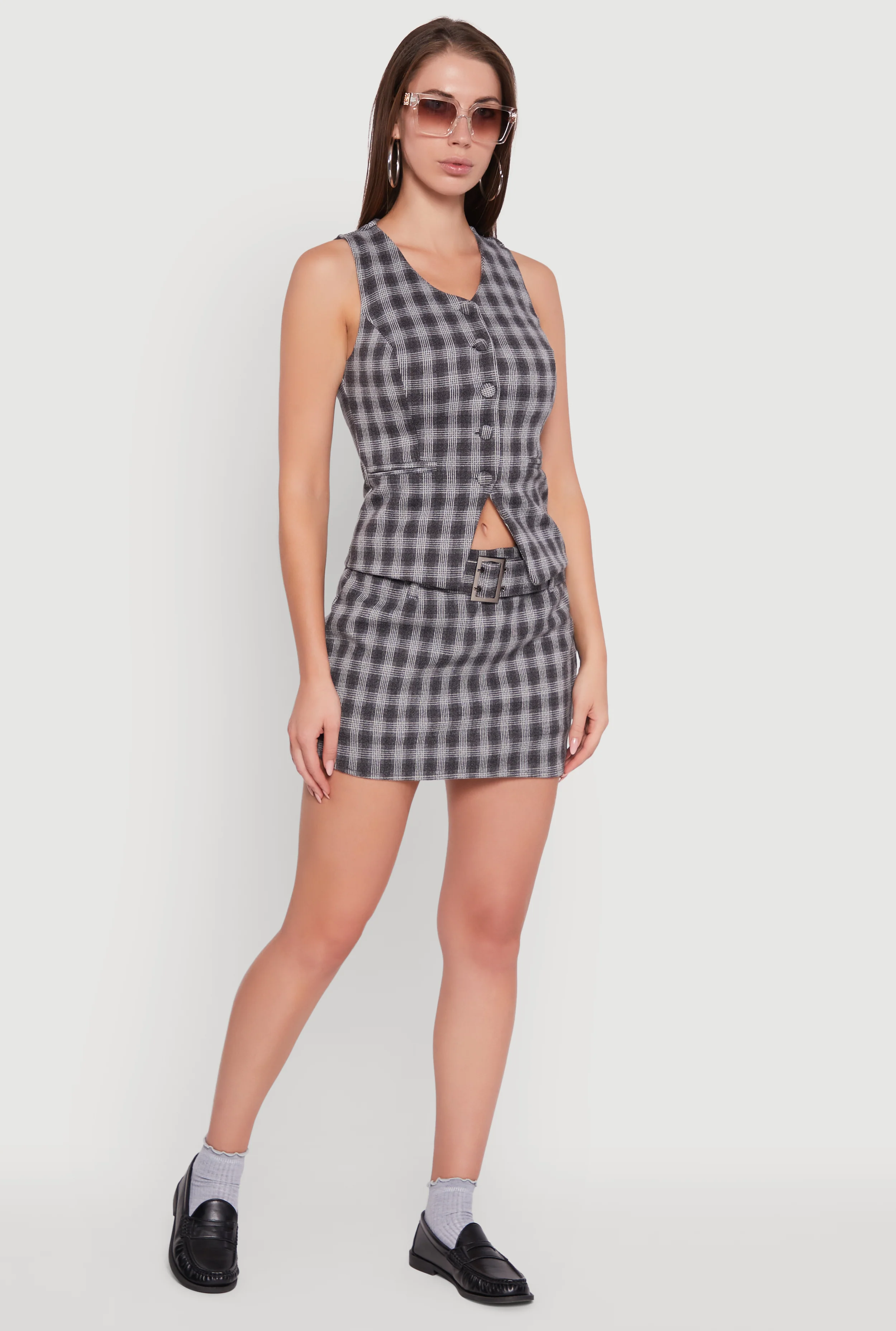 Fleece Lined Plaid Mini Skirt with Belt