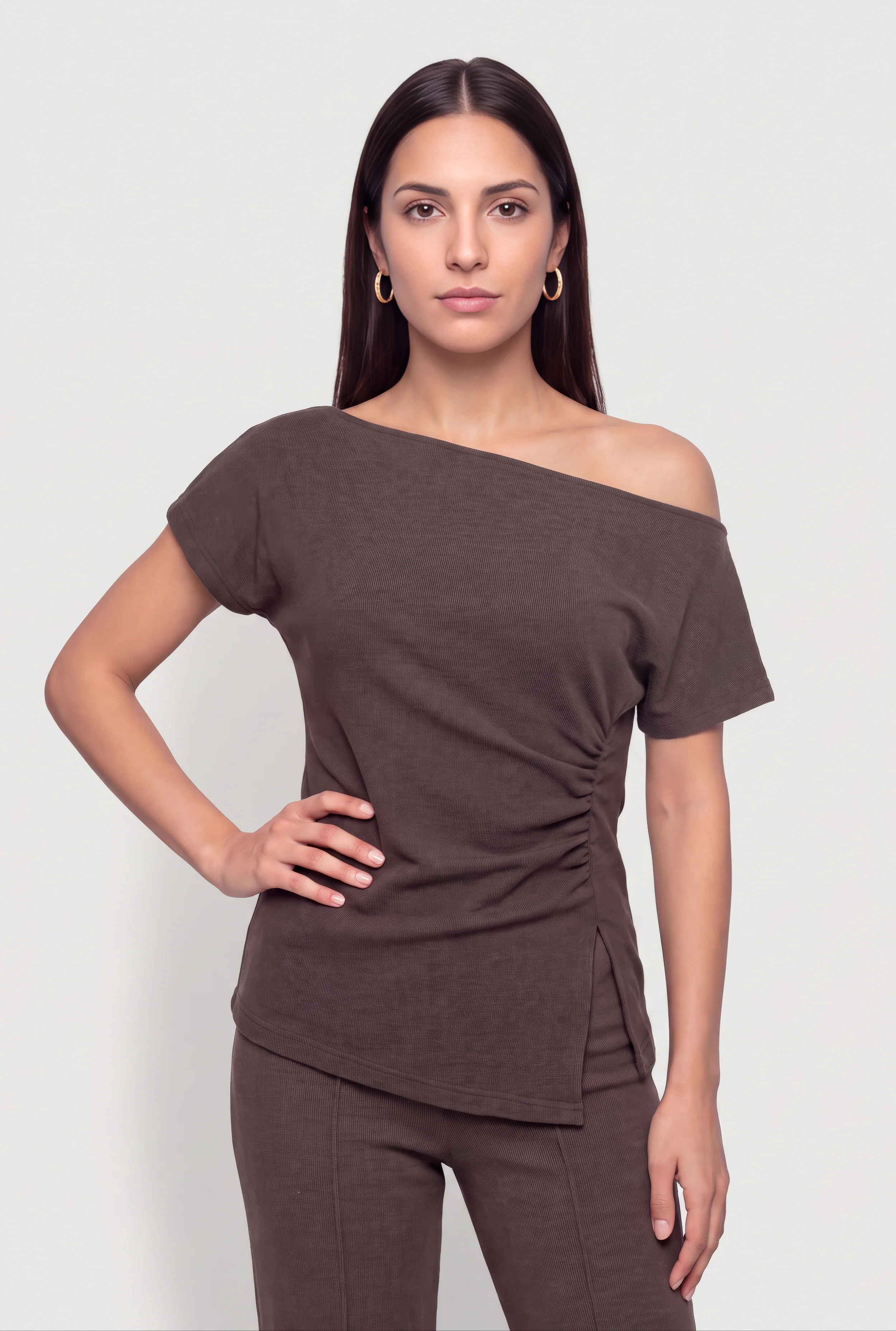 Brushed Ribbed Knit One Shoulder Top