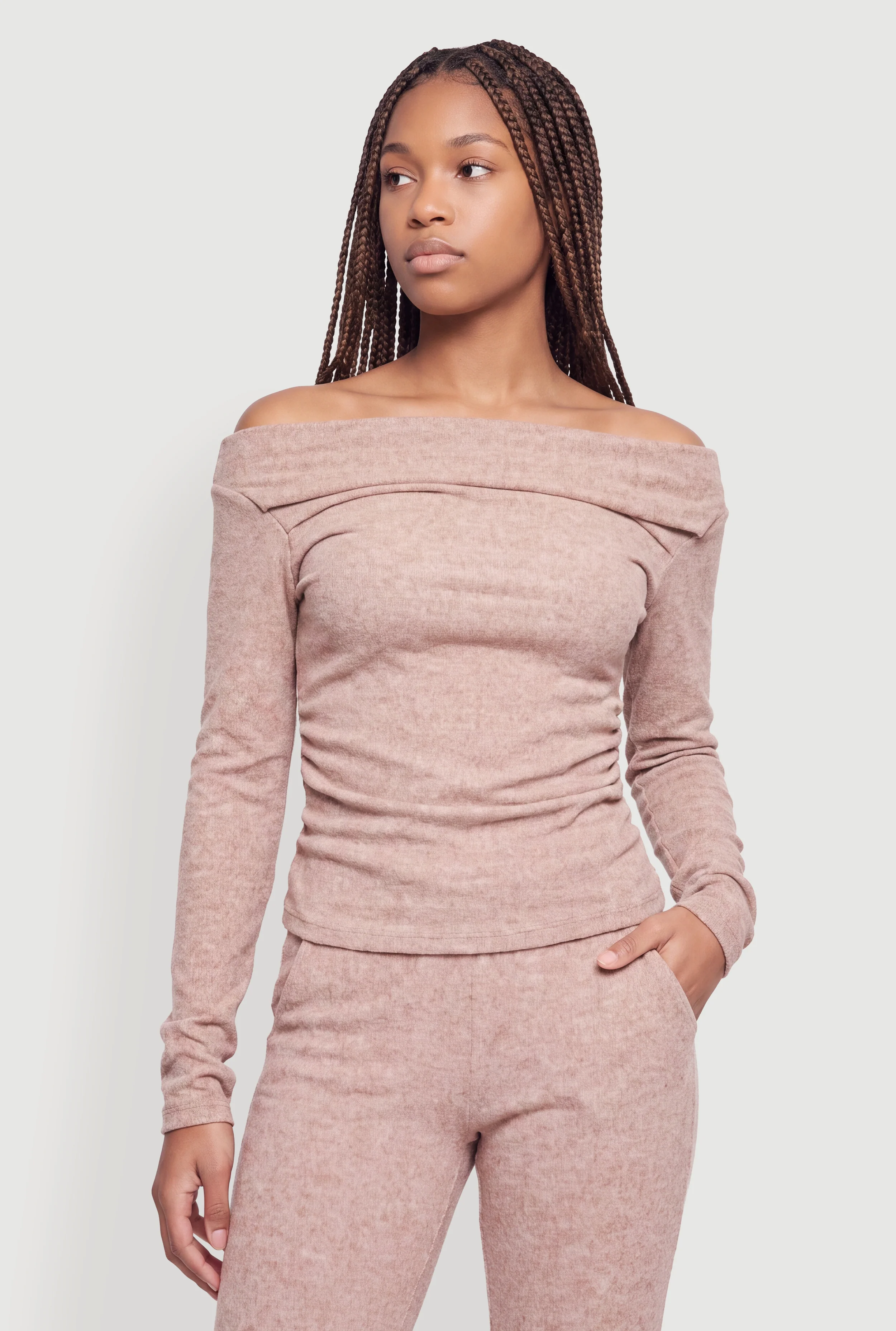 Brushed Knit Pleated Off The Shoulder Blouse