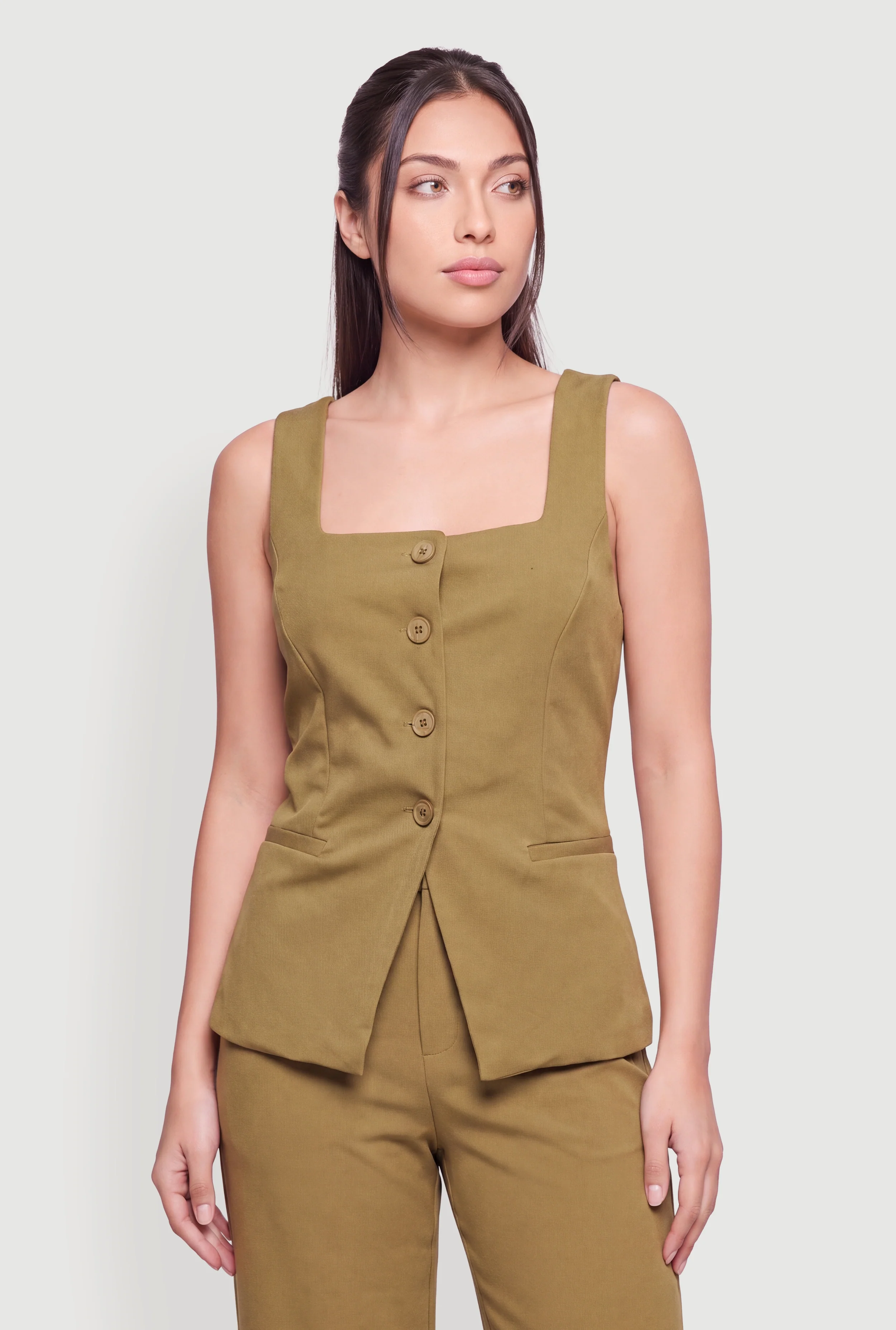 Square Neck Ribbed Knit Button Front Vest