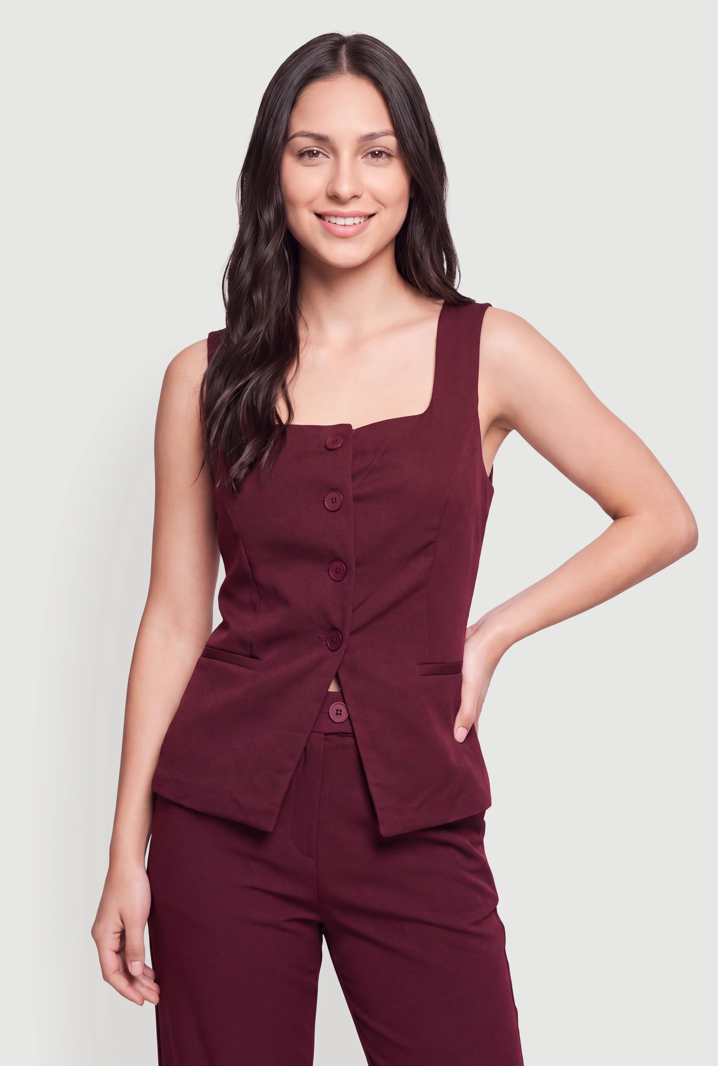 Square Neck Ribbed Knit Button Front Vest