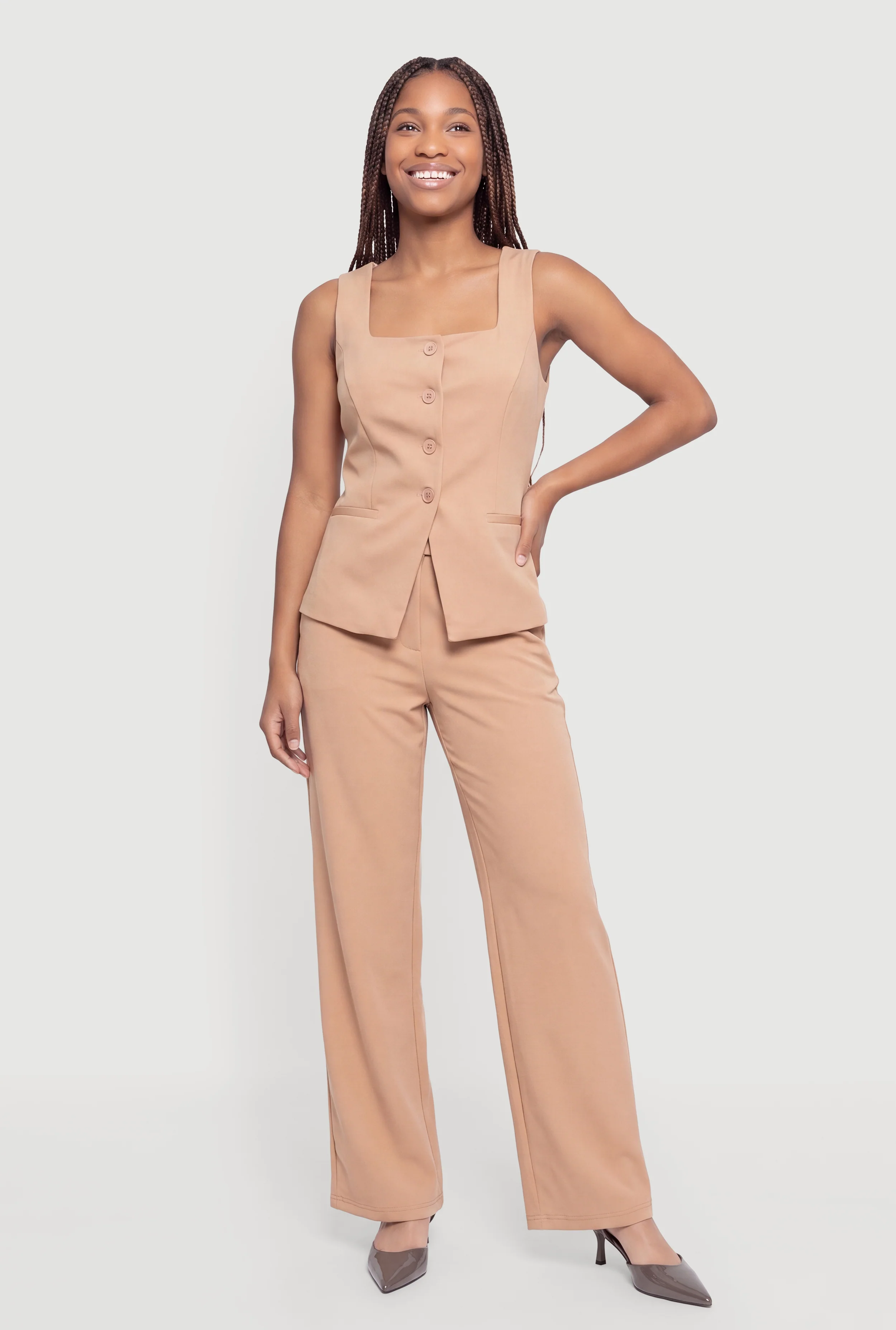 Ribbed Knit Pull On Wide Leg Dress Pants