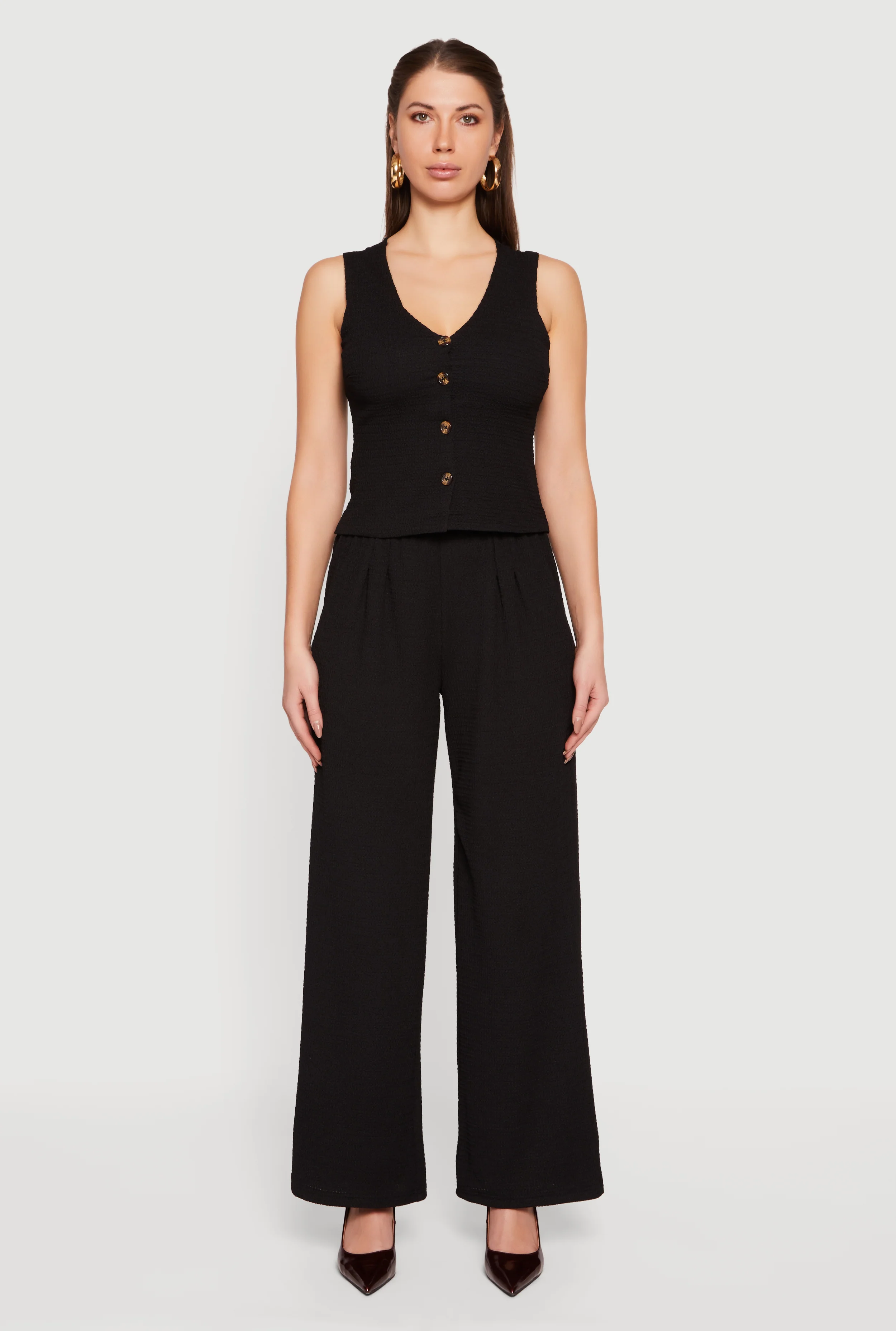 High Waisted Wide Leg Textured Knit Dress Pants