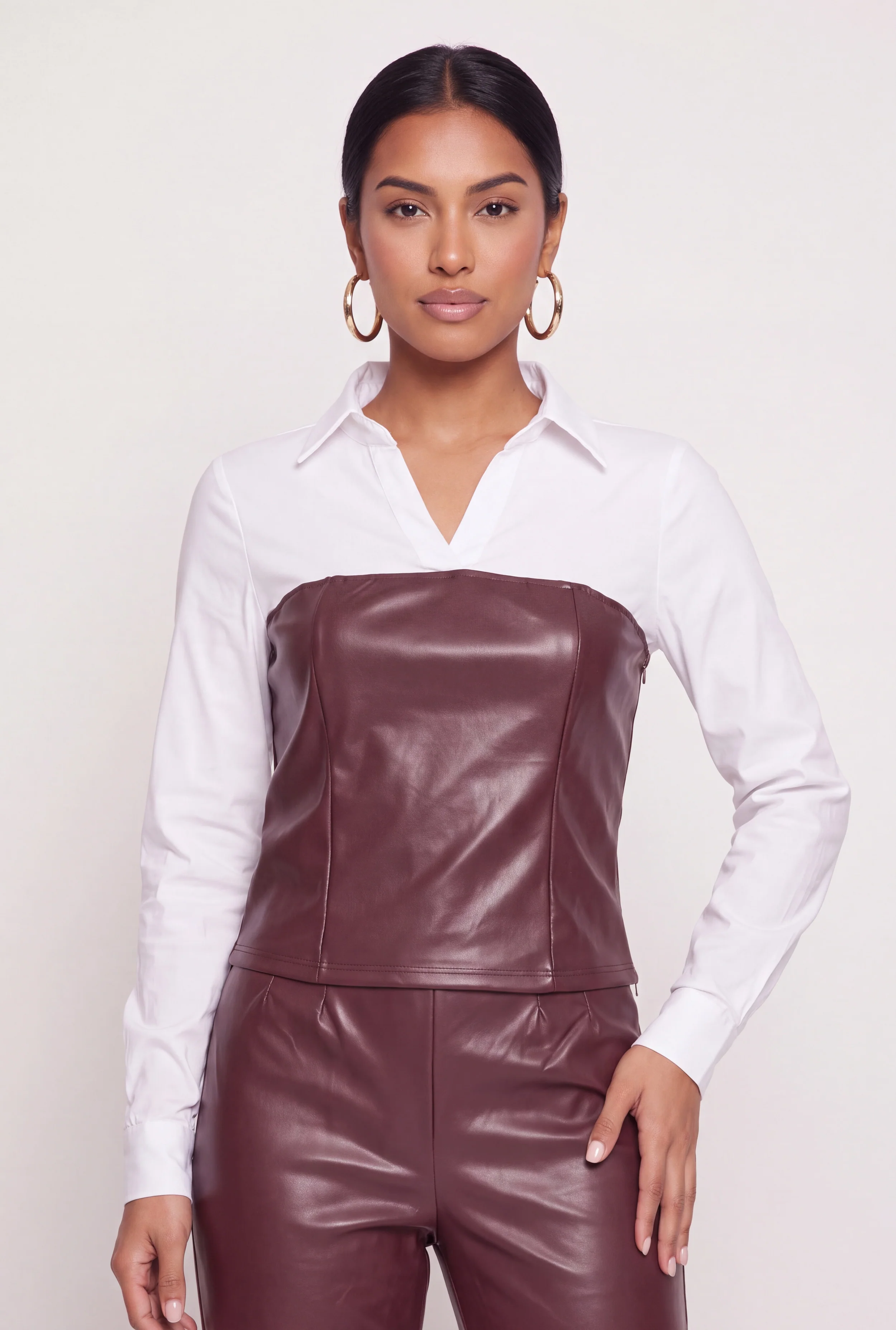 Layered Look Faux Leather Long Sleeve Blouse
