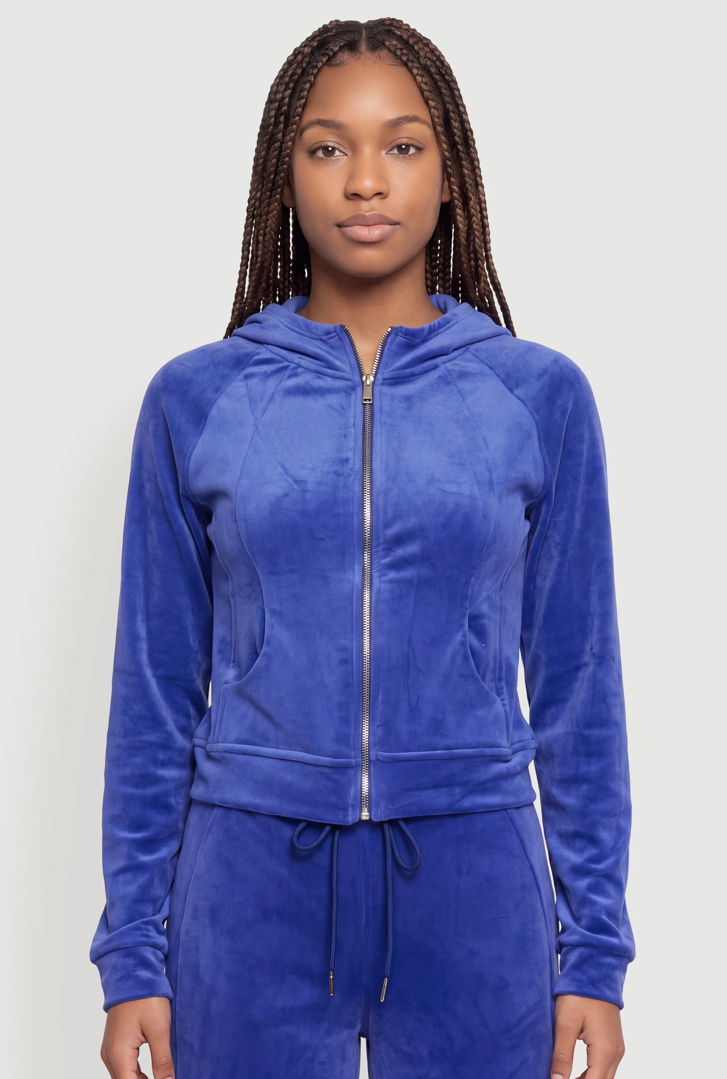 Velour Zip Front Hooded Sweatshirt