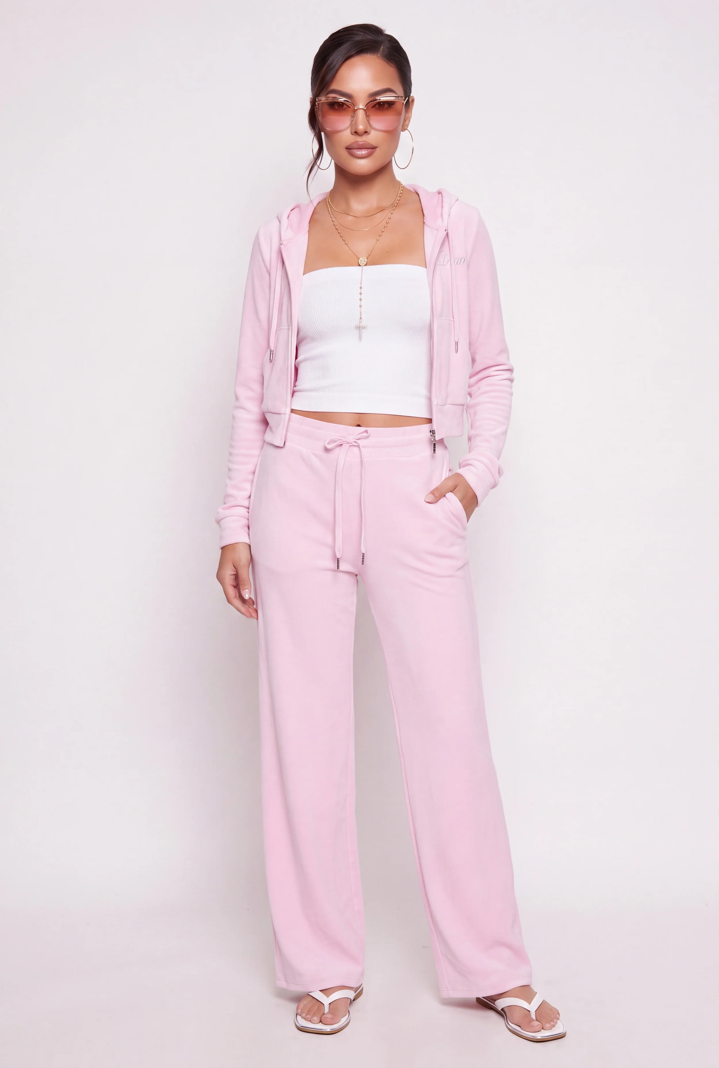 Rhinestone Dream Graphic Velour Wide Leg Pants
