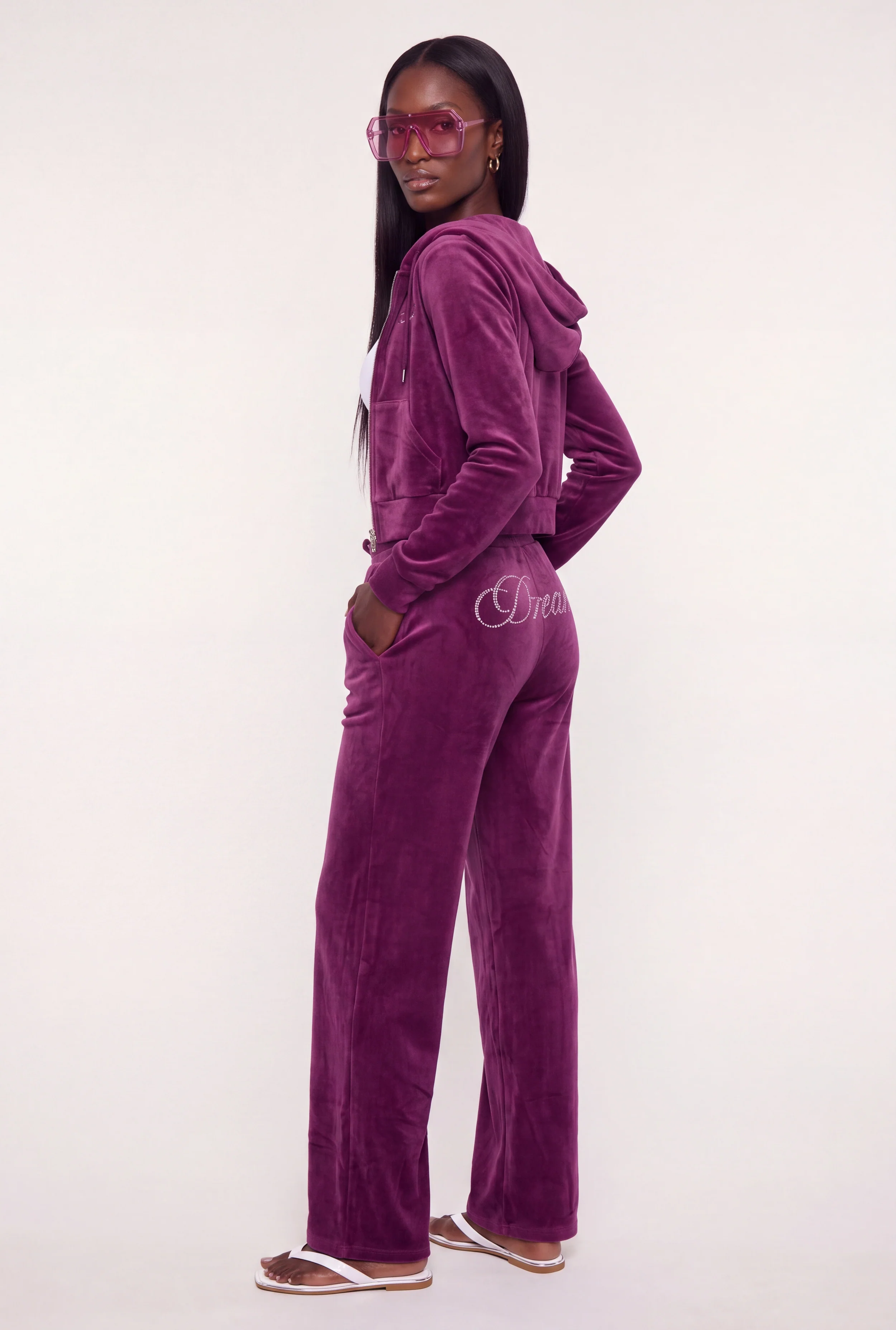 Rhinestone Dream Graphic Velour Wide Leg Pants