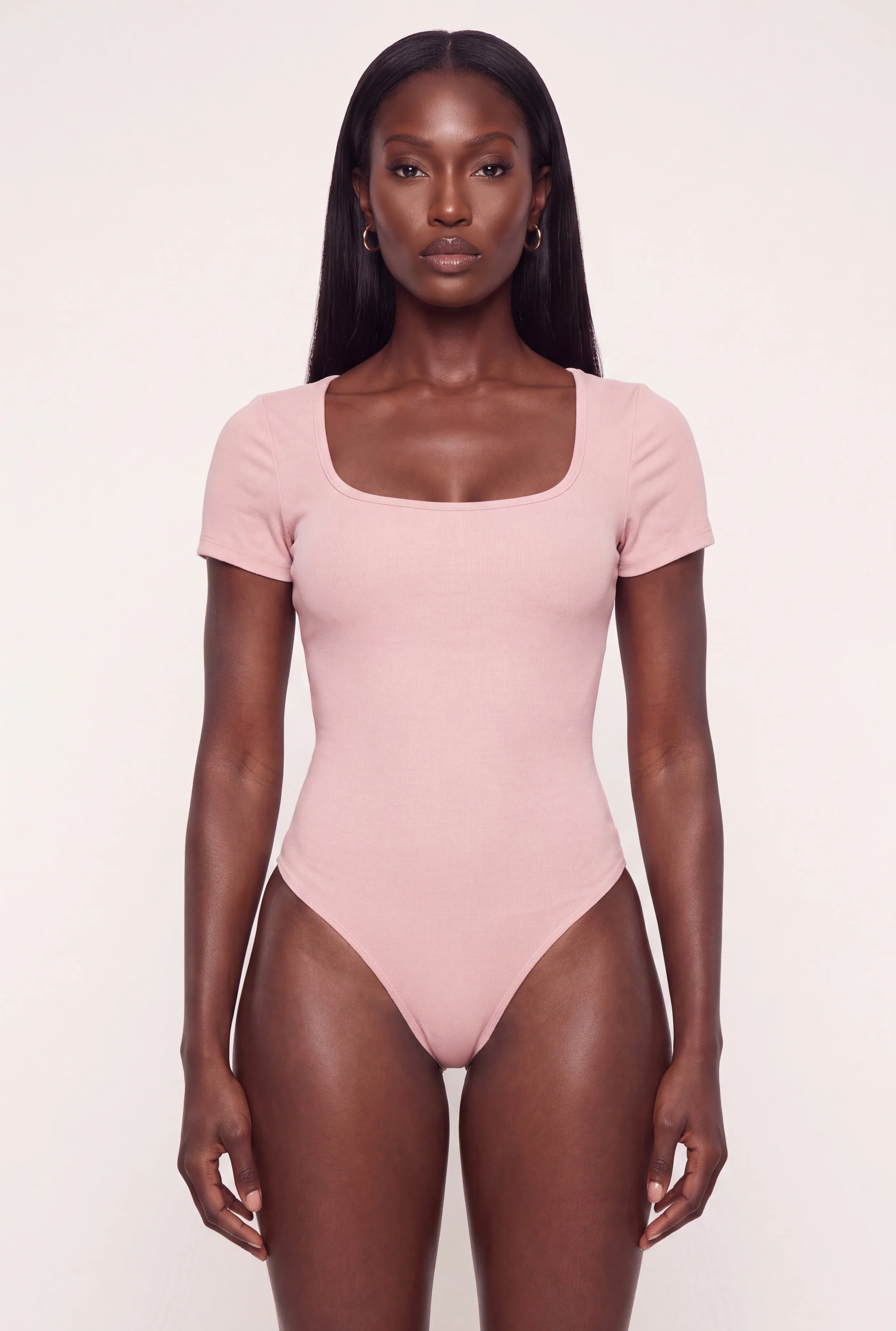Brushed Knit Short Sleeve Square Neck Thong Bodysuit